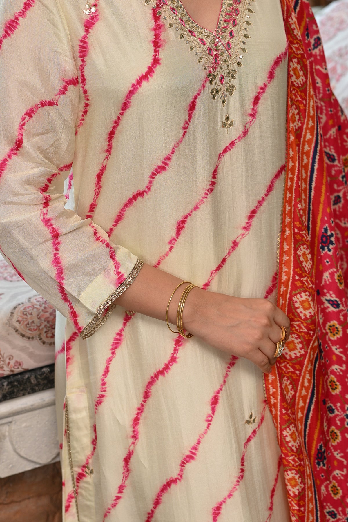 Pink Lehariya with Patola print dupatta Dola silk with Gota and Hand Work on Neck Suit Set