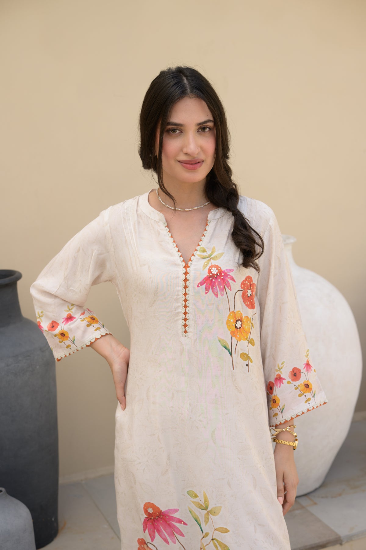 Off White Red Floral Placement with Sequence and Tari work Muslin Kurta Set