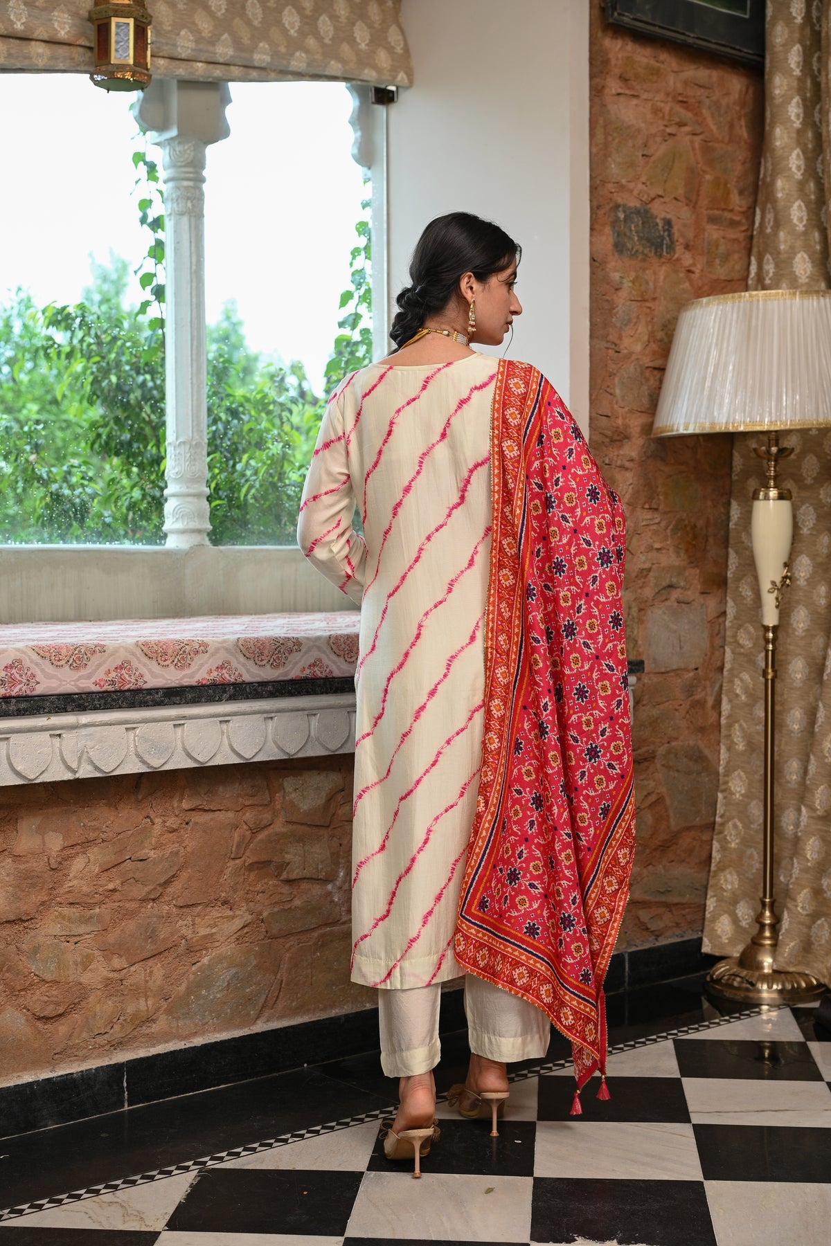 Pink Lehariya with Patola print dupatta Dola silk with Gota and Hand Work on Neck Suit Set