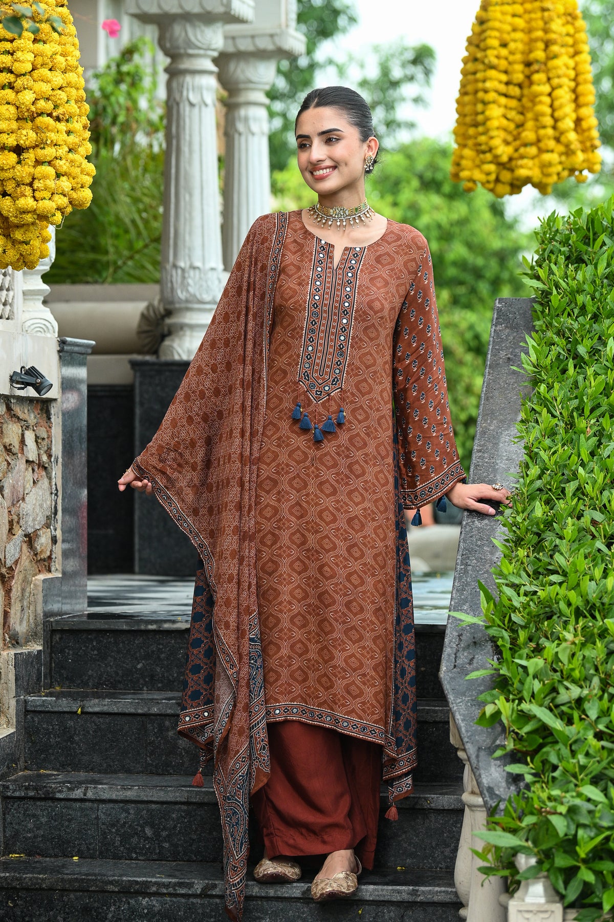 Brown and Blue Ajrakh Print Gota Adda Work Crepe A line Suit Set with Chinnon Ajrakh Print Dupatta