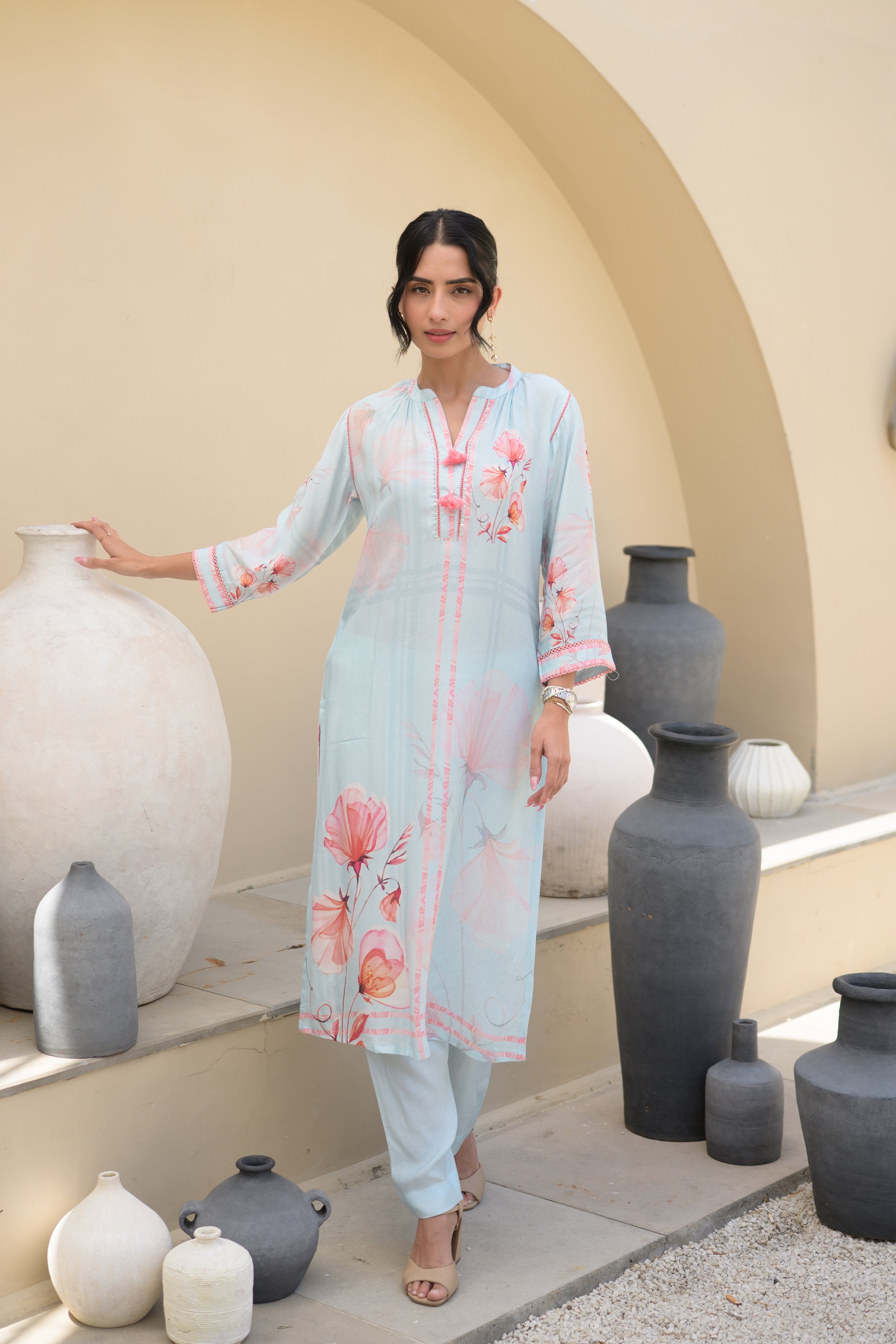 Powder Blue Floral Placement Print Pure Muslin Kurta Set With Thread Work And Tassels