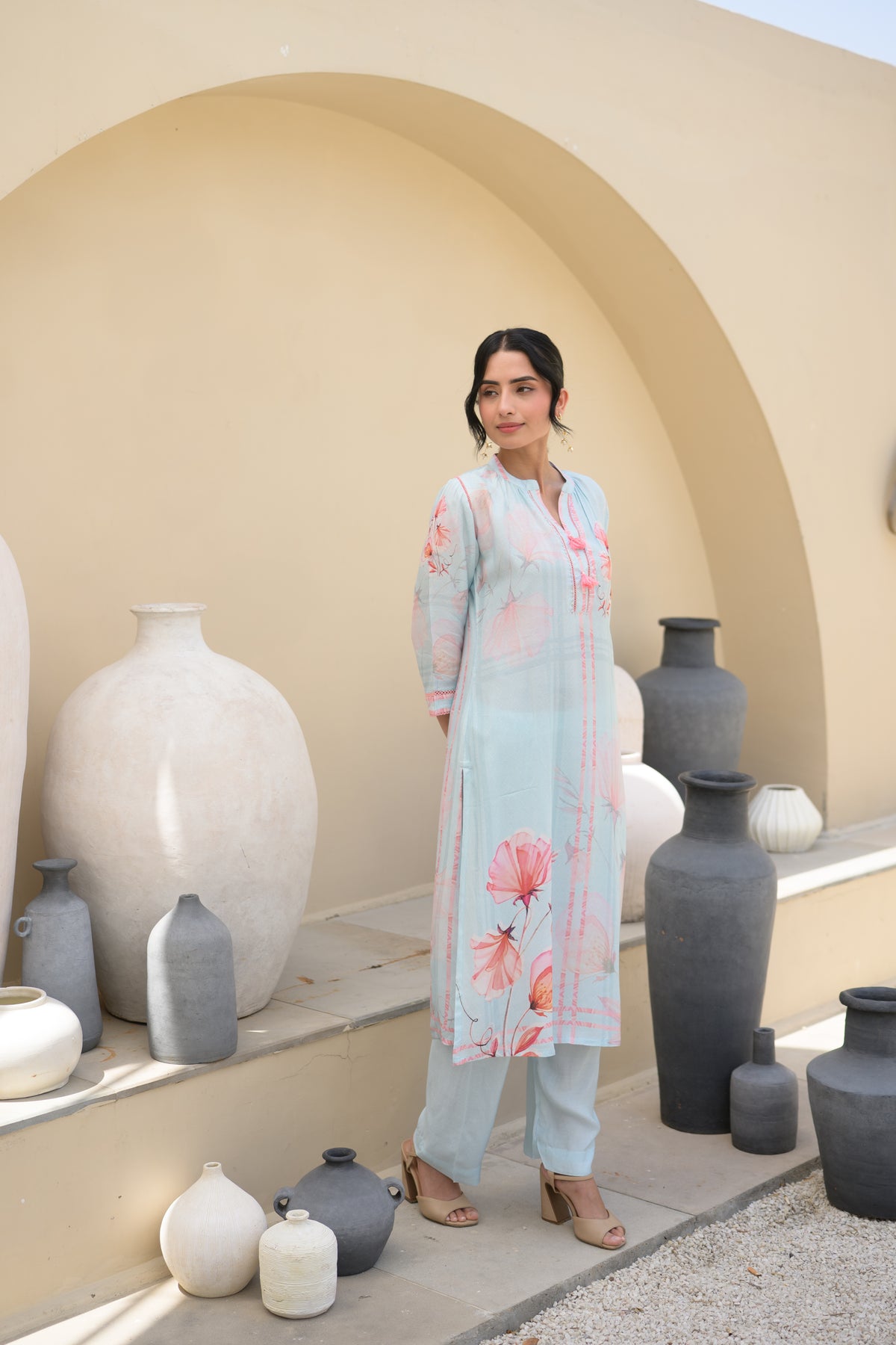 Powder Blue Floral Placement Print Pure Muslin Kurta Set With Thread Work And Tassels