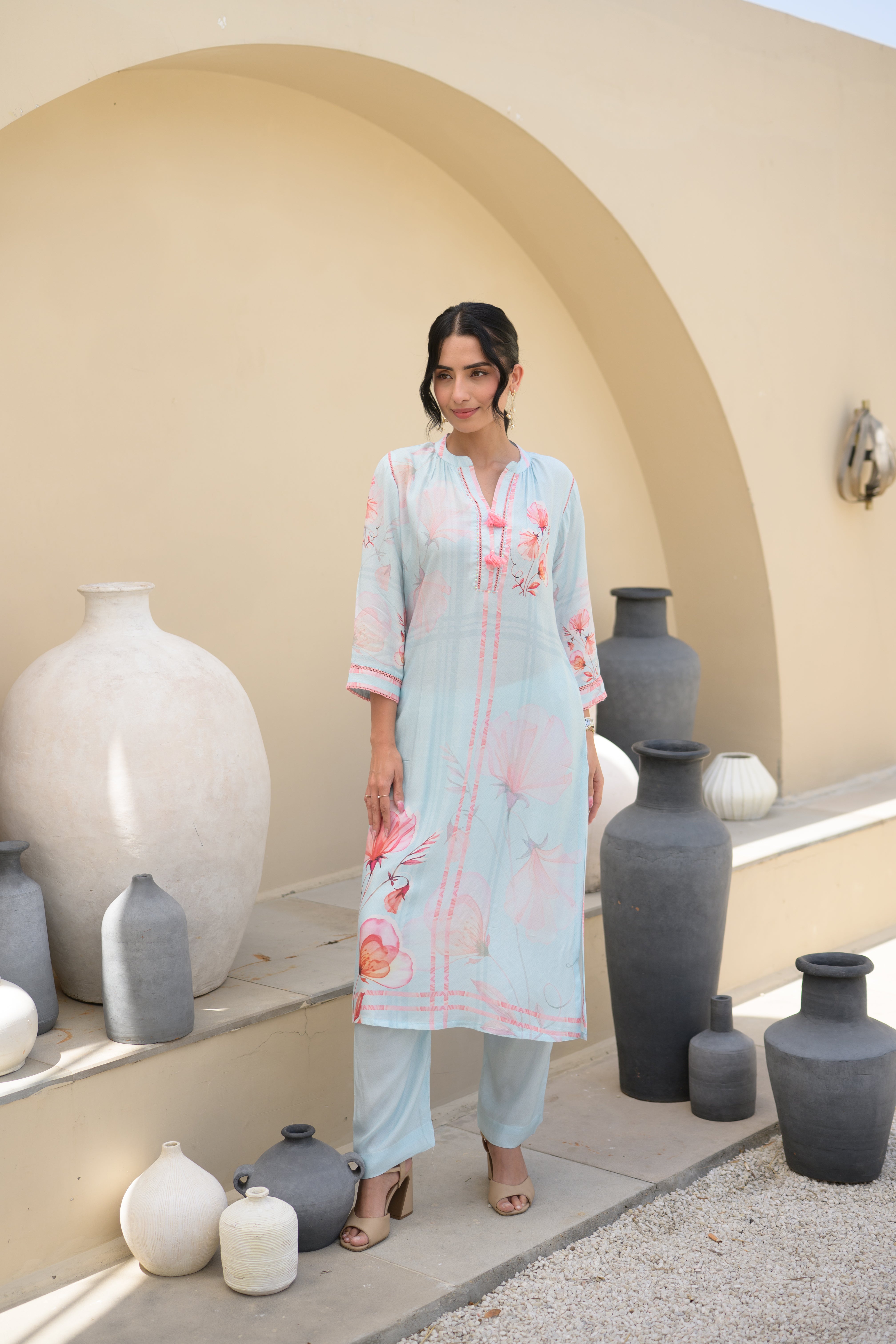 Powder Blue Floral Placement Print Pure Muslin Kurta Set With Thread Work And Tassels