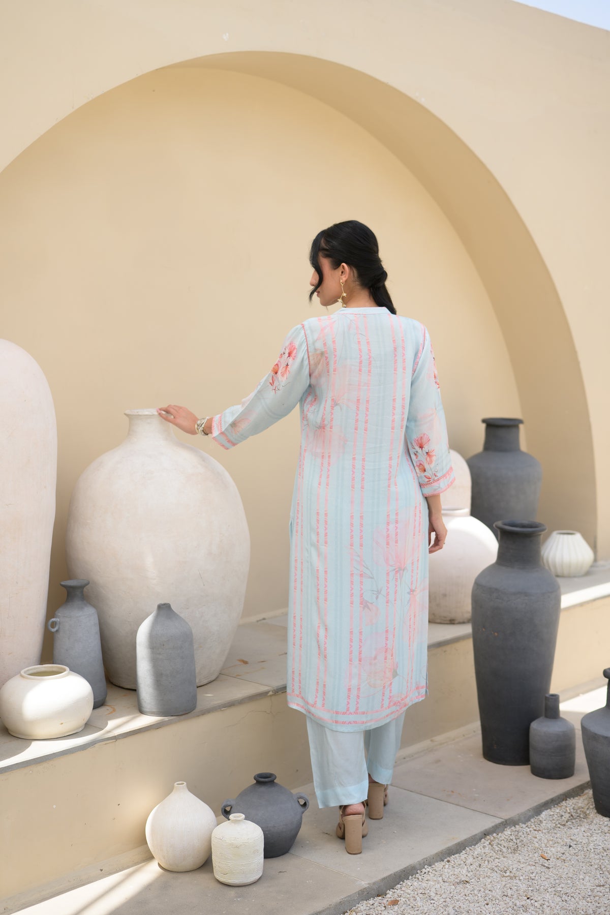 Powder Blue Floral Placement Print Pure Muslin Kurta Set With Thread Work And Tassels