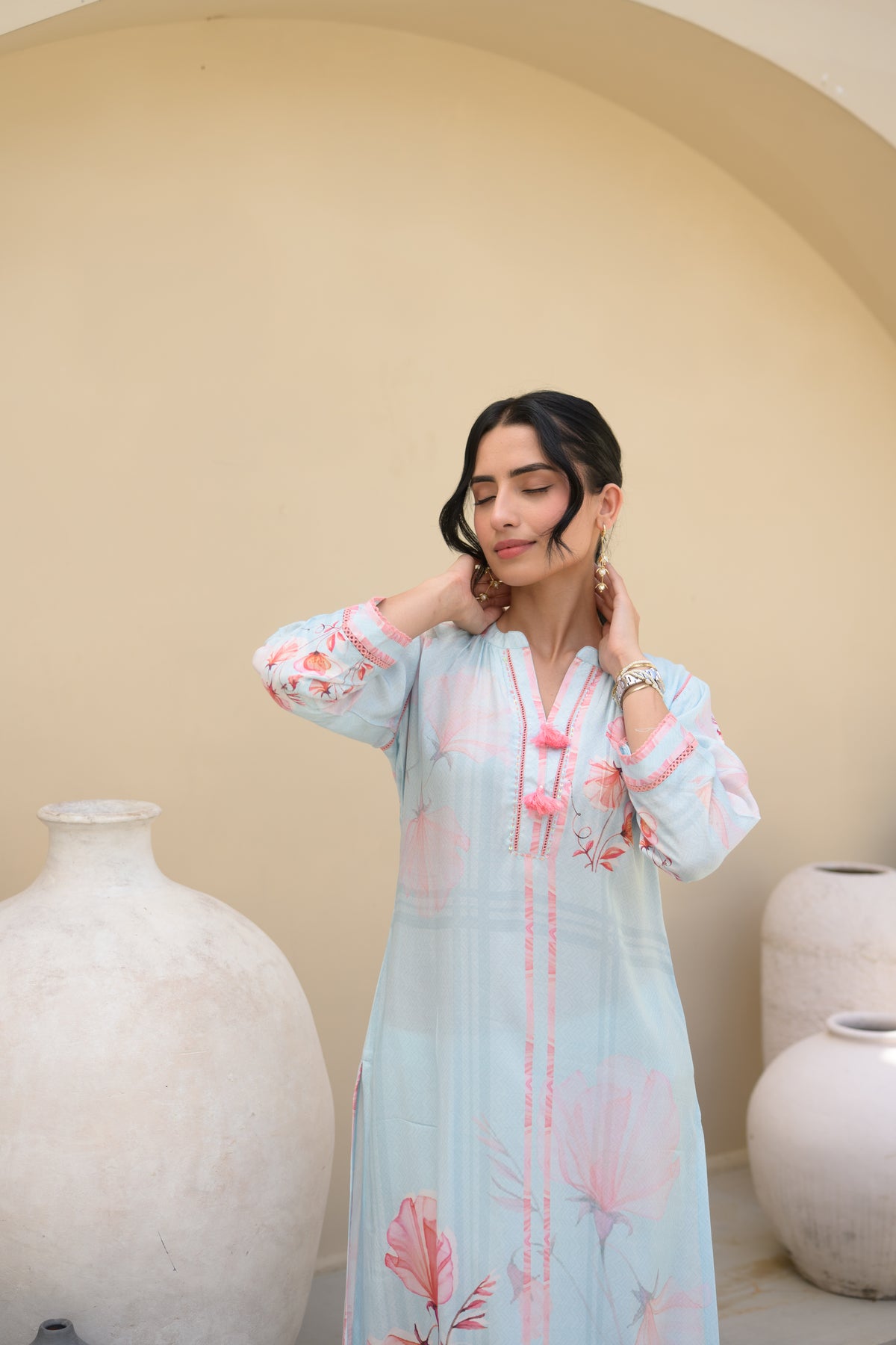 Powder Blue Floral Placement Print Pure Muslin Kurta Set With Thread Work And Tassels