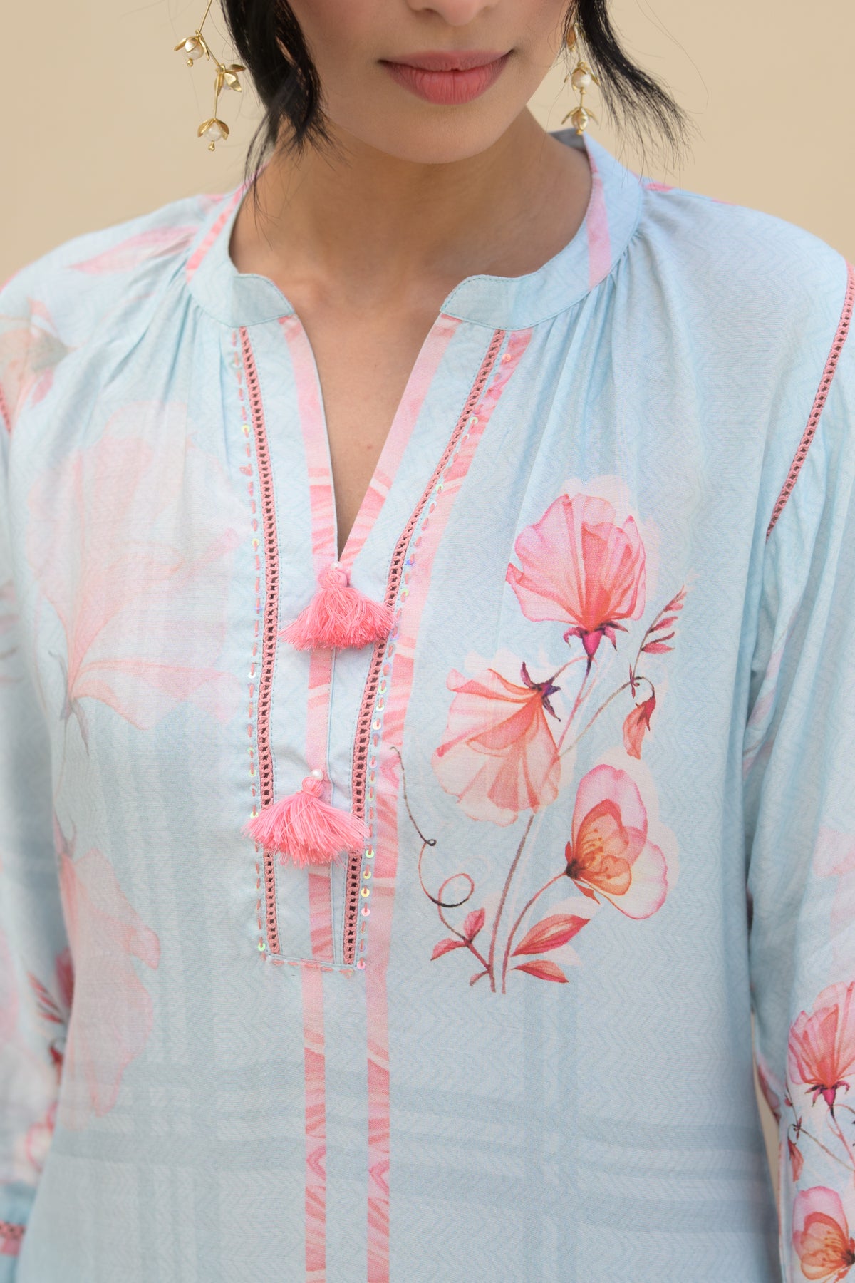 Powder Blue Floral Placement Print Pure Muslin Kurta Set With Thread Work And Tassels