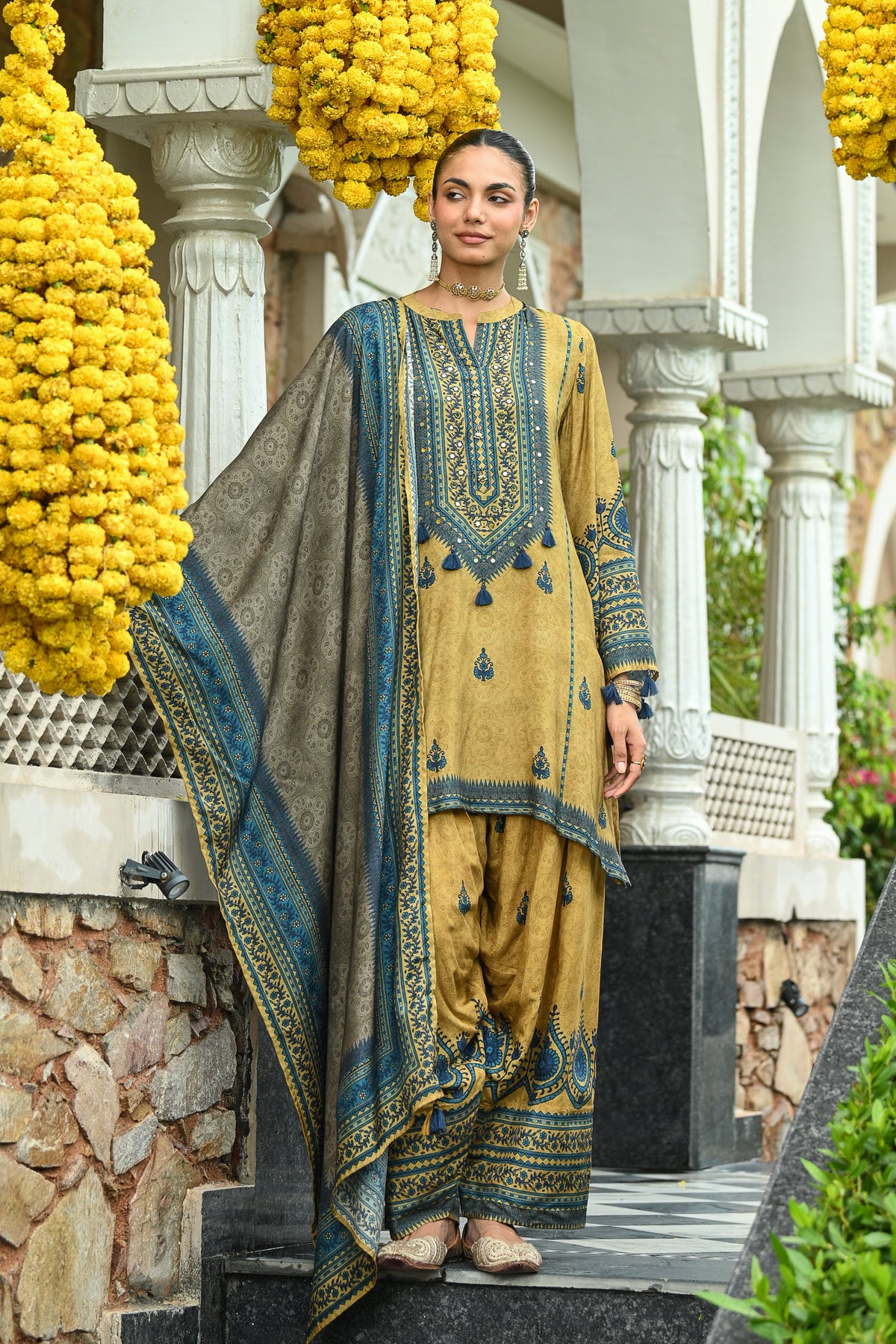 Mustard and Blue Ajrakh i Block Print Muslin Farshi Salwar Set