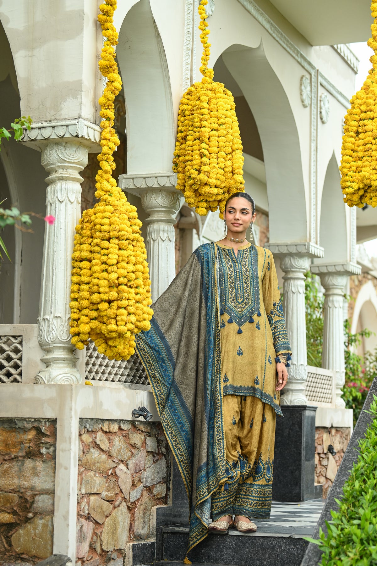 Mustard and Blue Ajrakh i Block Print Muslin Farshi Salwar Set