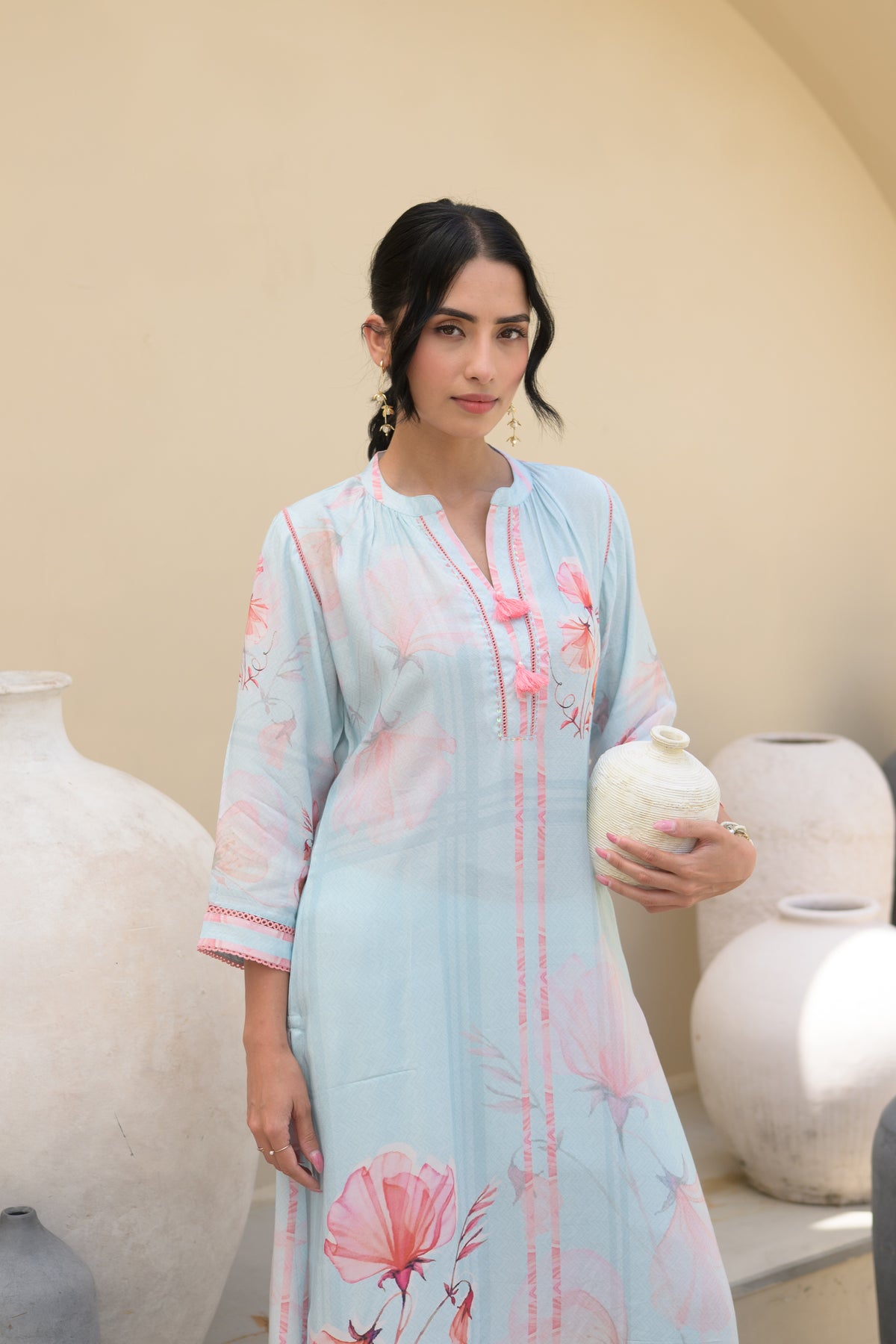 Powder Blue Floral Placement Print Pure Muslin Kurta Set With Thread Work And Tassels