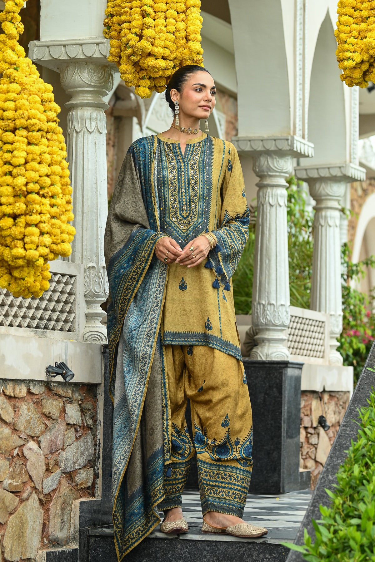 Mustard and Blue Ajrakh i Block Print Muslin Farshi Salwar Set