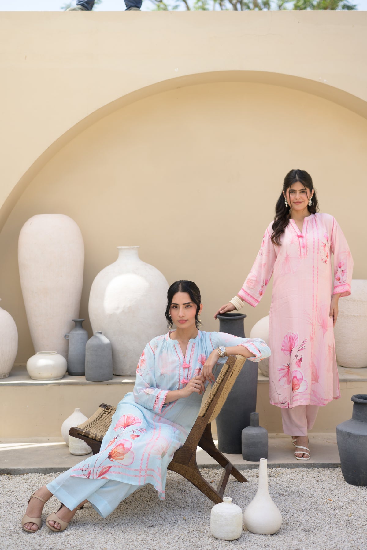 Powder Blue Floral Placement Print Pure Muslin Kurta Set With Thread Work And Tassels