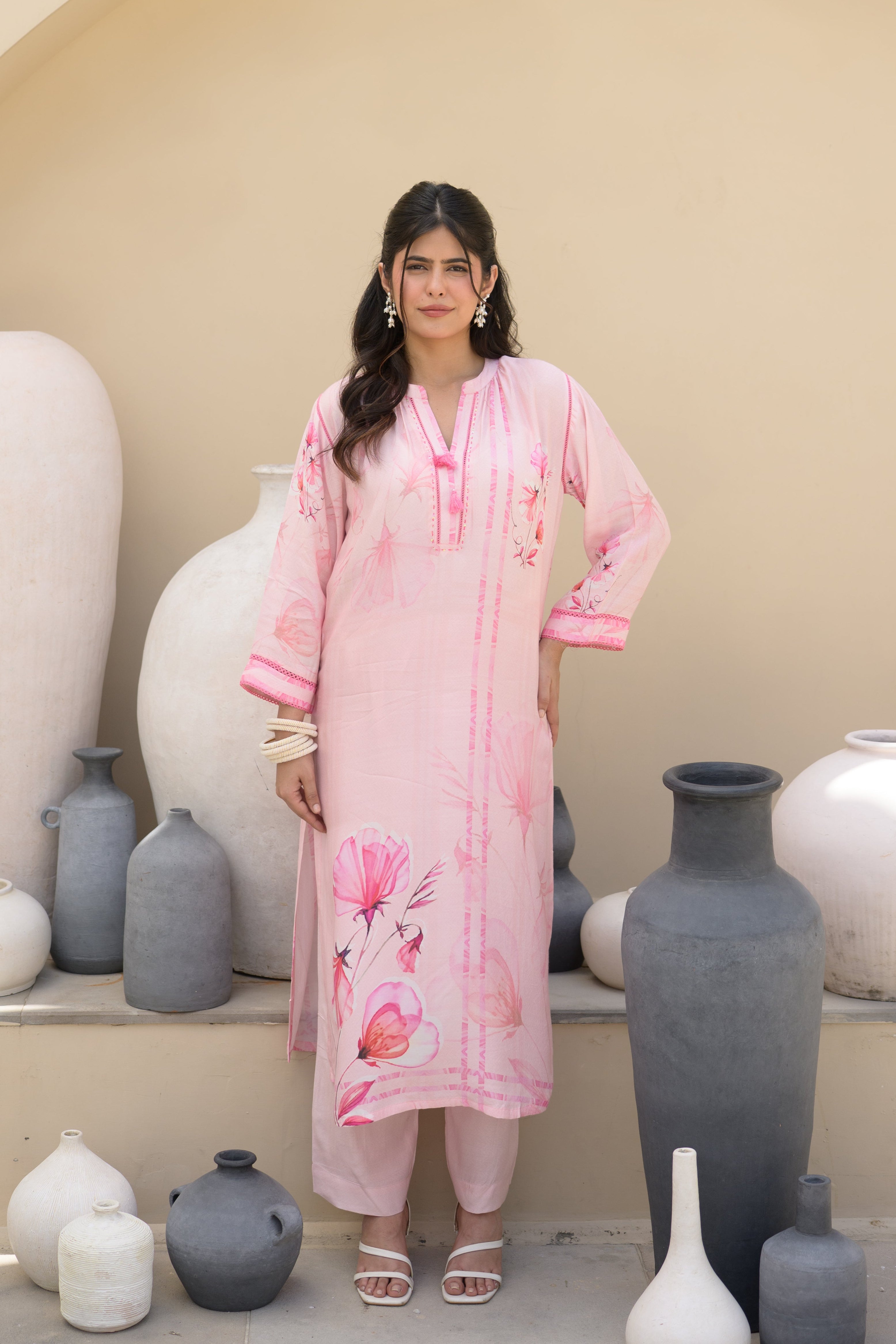 Powder Pink Floral Placement Print Pure Muslin Kurta Set With Thread Work And Tassels