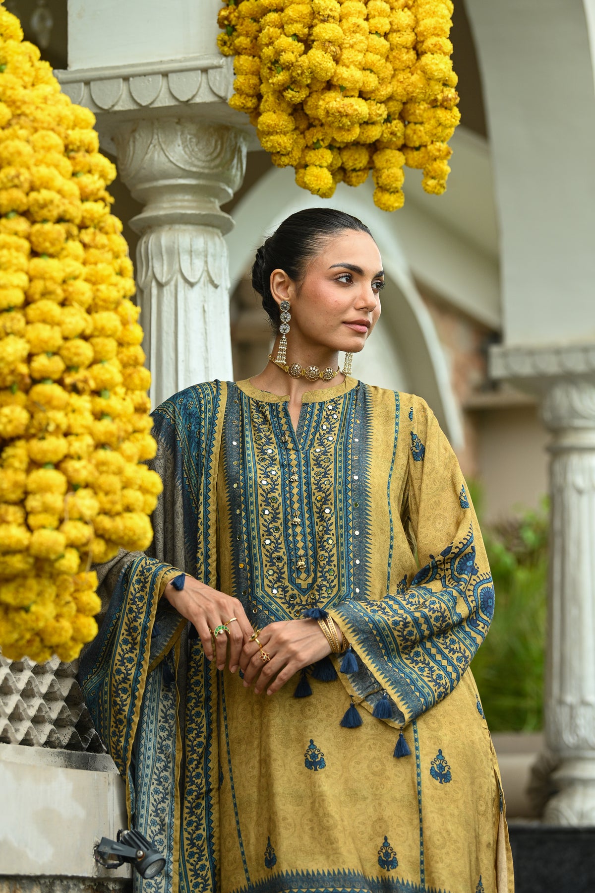 Mustard and Blue Ajrakh i Block Print Muslin Farshi Salwar Set