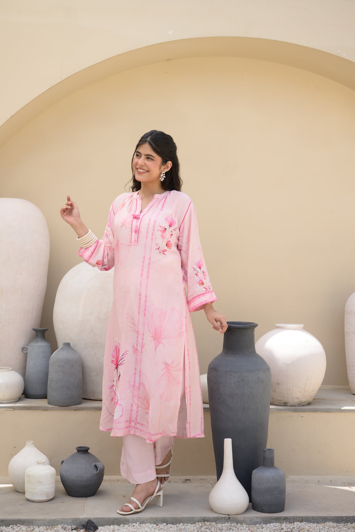 Powder Pink Floral Placement Print Pure Muslin Kurta Set With Thread Work And Tassels