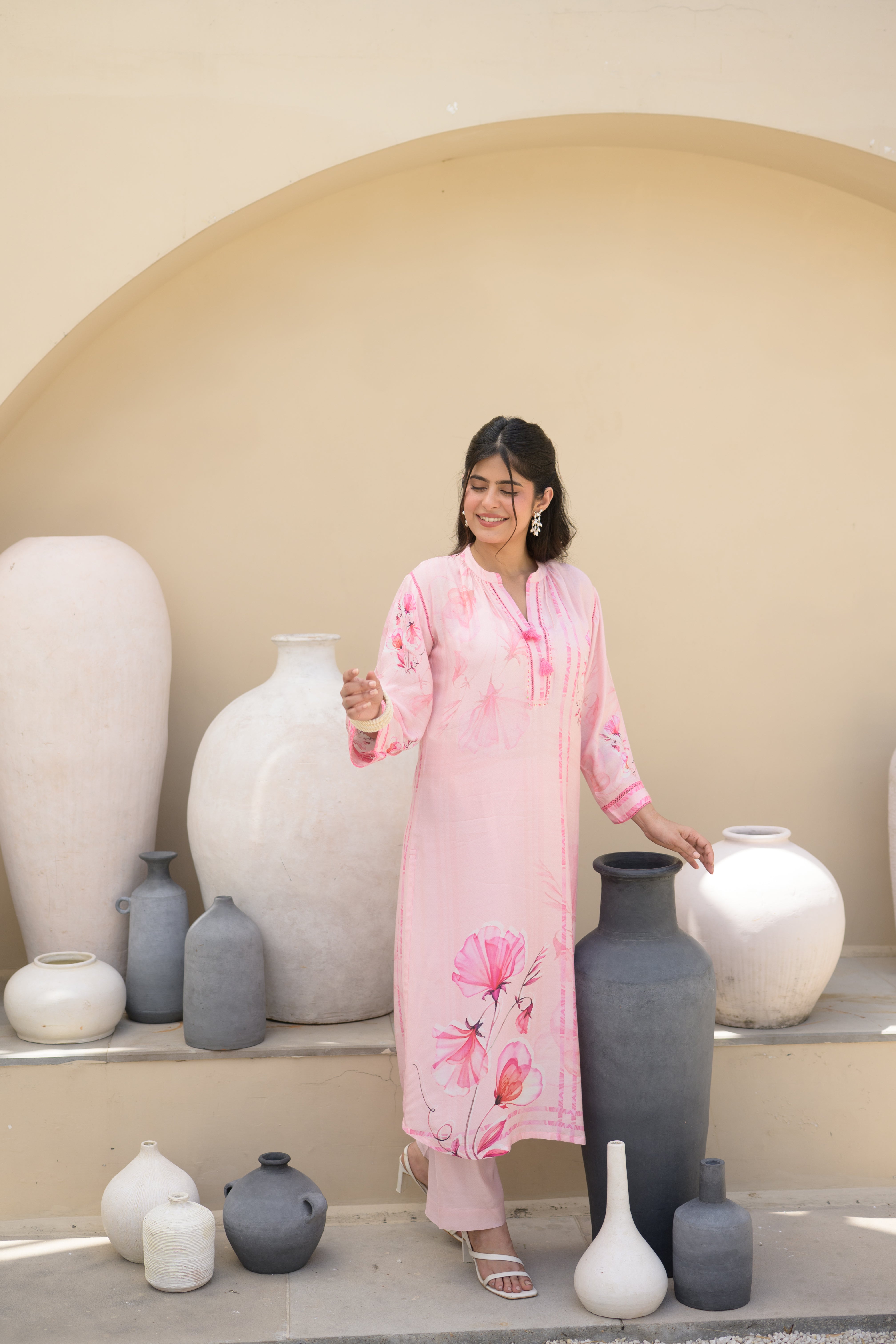 Powder Pink Floral Placement Print Pure Muslin Kurta Set With Thread Work And Tassels