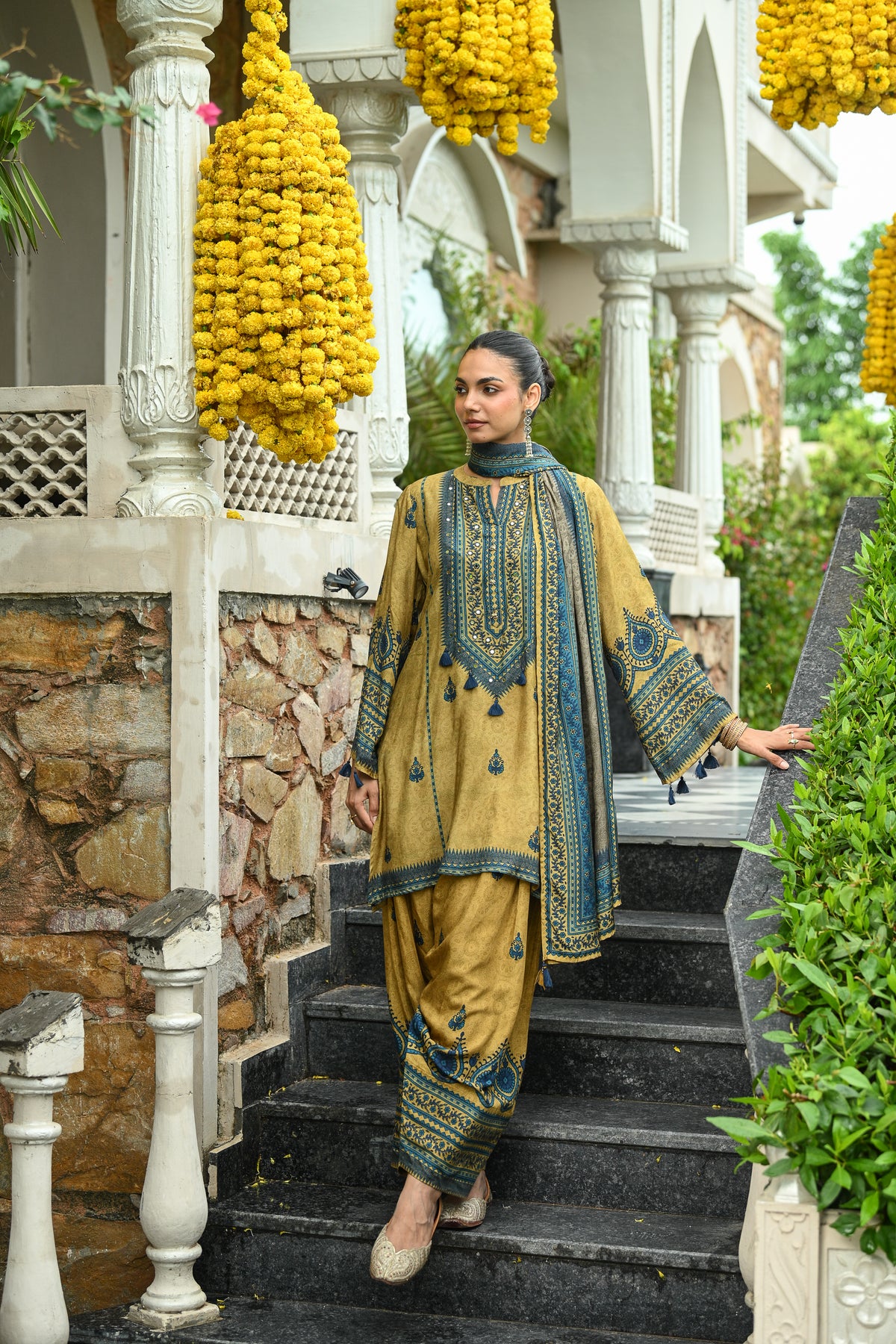 Mustard and Blue Ajrakh i Block Print Muslin Farshi Salwar Set