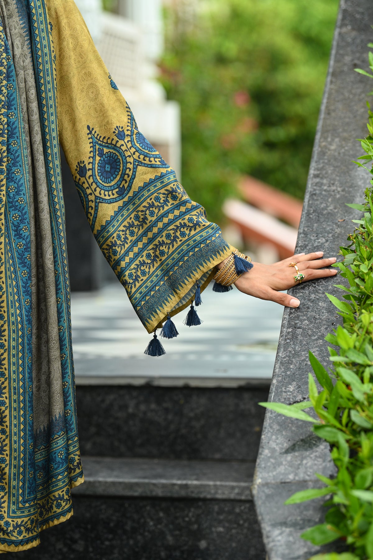 Mustard and Blue Ajrakh i Block Print Muslin Farshi Salwar Set