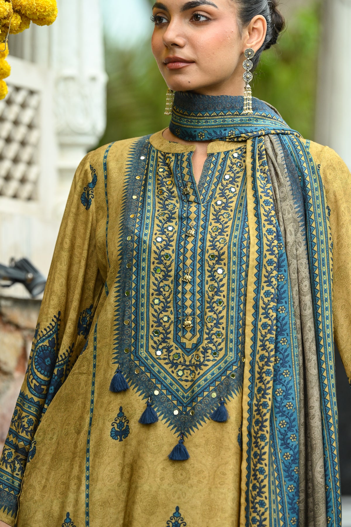 Mustard and Blue Ajrakh i Block Print Muslin Farshi Salwar Set