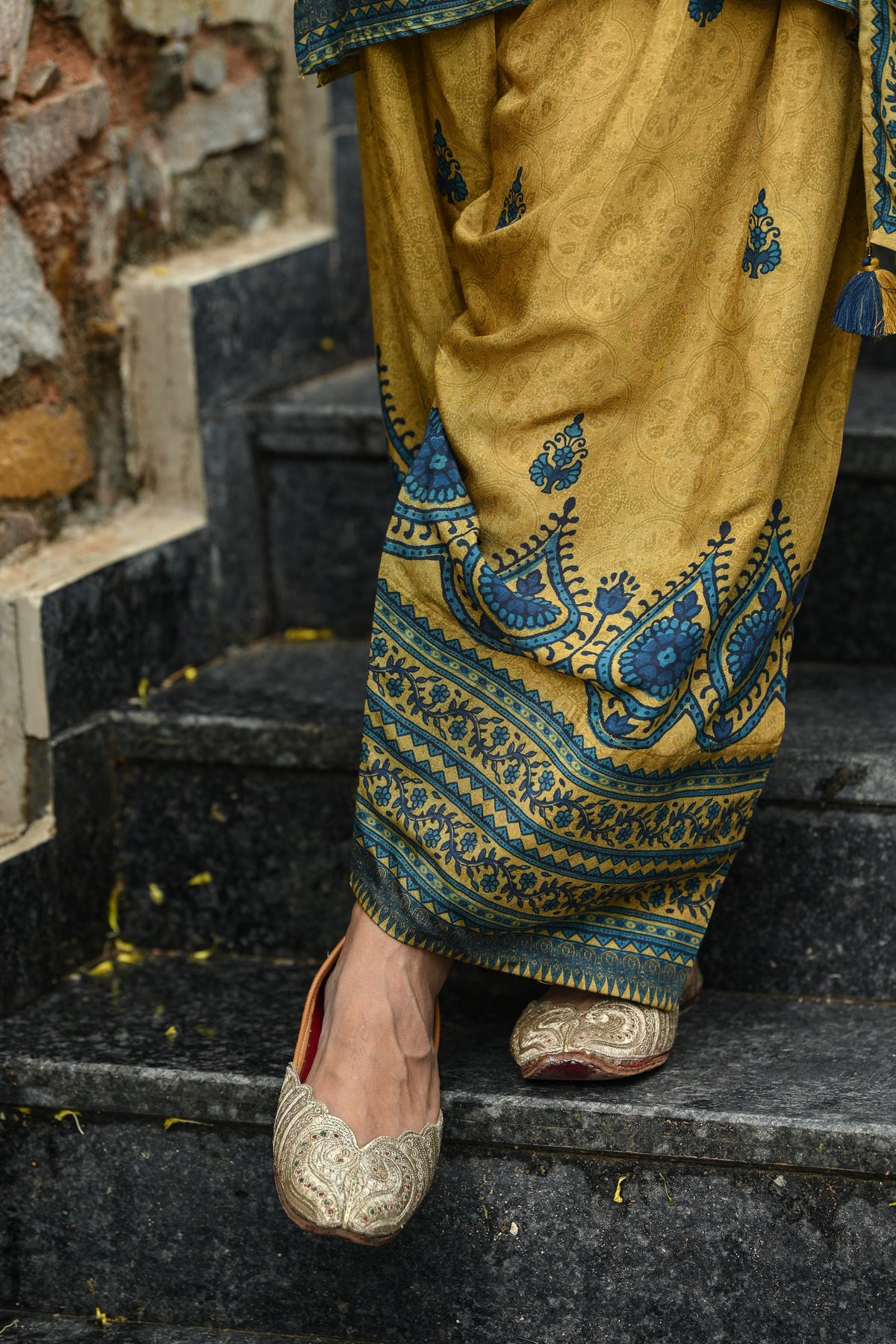 Mustard and Blue Ajrakh i Block Print Muslin Farshi Salwar Set