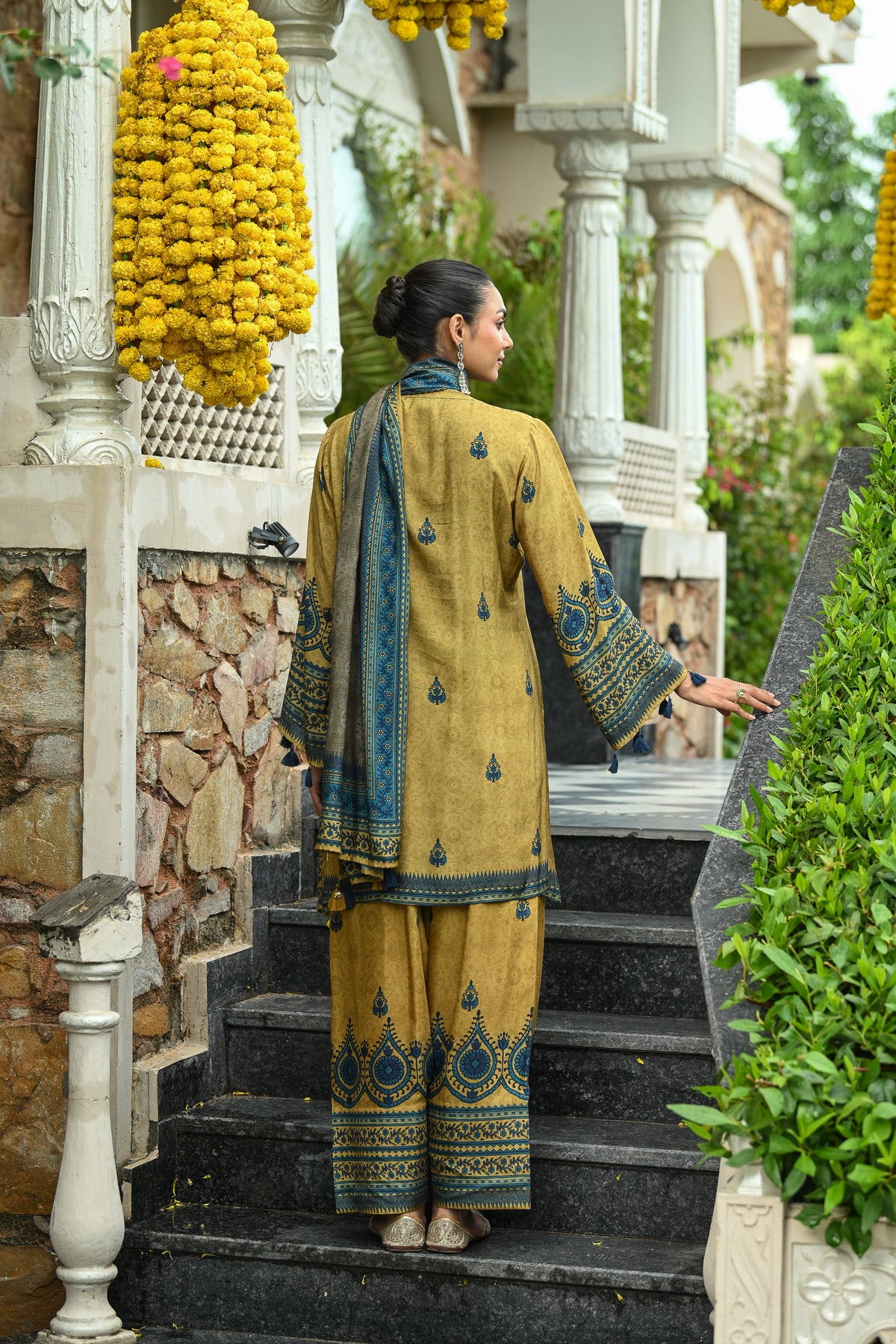 Mustard and Blue Ajrakh i Block Print Muslin Farshi Salwar Set