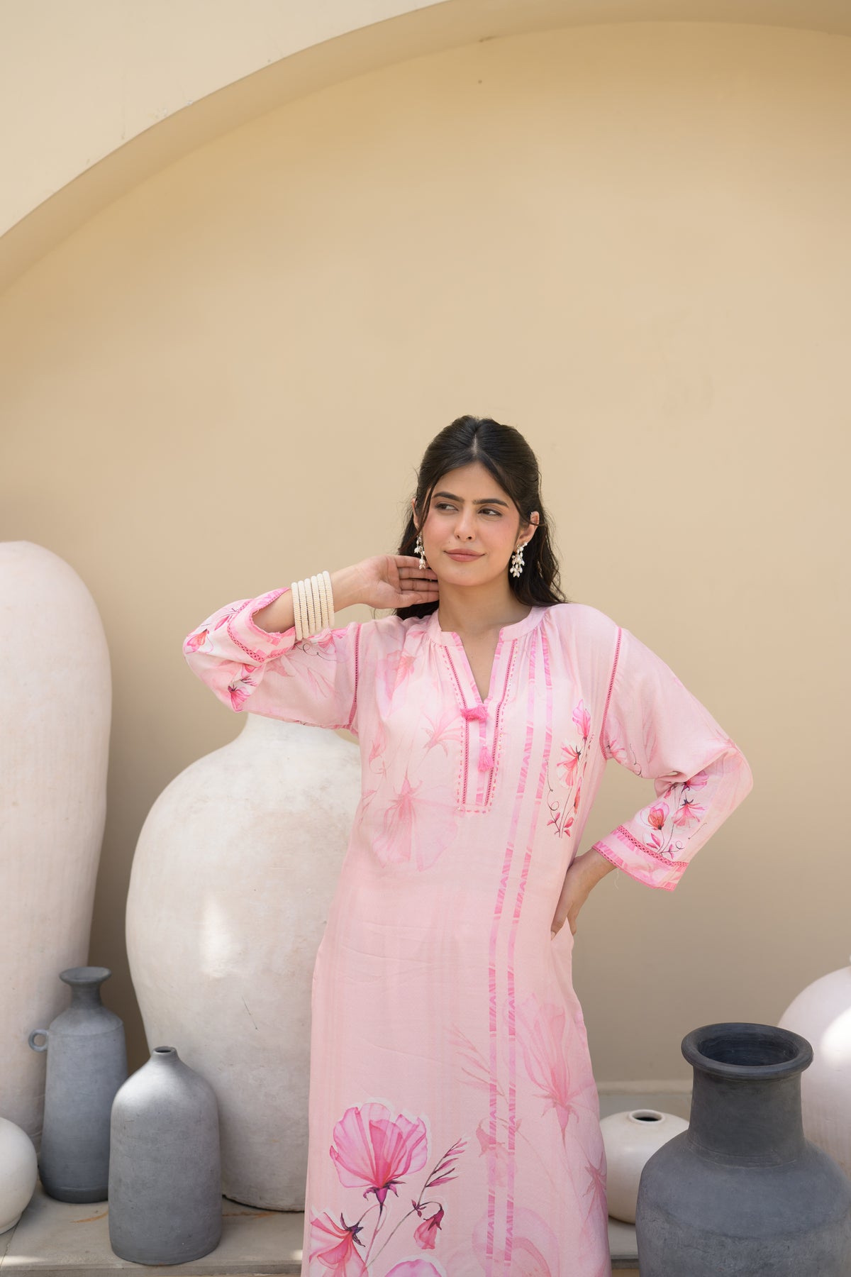 Powder Pink Floral Placement Print Pure Muslin Kurta Set With Thread Work And Tassels