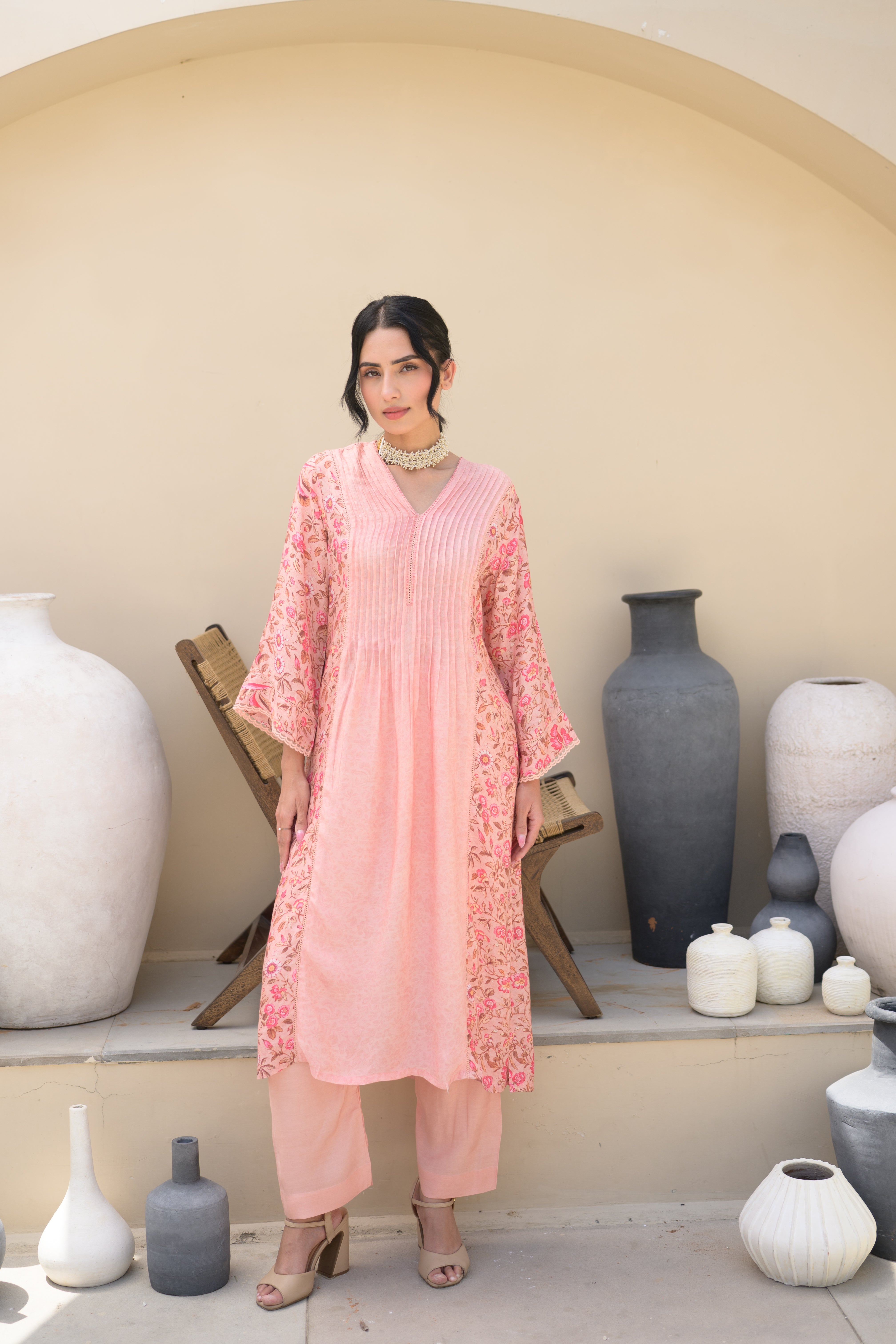 Peach  Pintux Self Print with Floral Jaal Print Beads Work A line Muslin Kurta Set