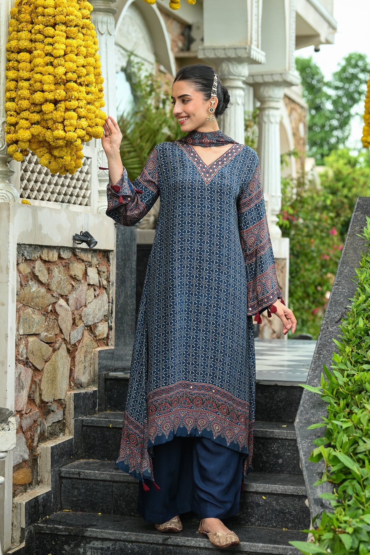Indigo Blue Ajrakh Print Gota Adda Work Crepe A line Suit Set with Chinnon Ajrakh Print Dupatta