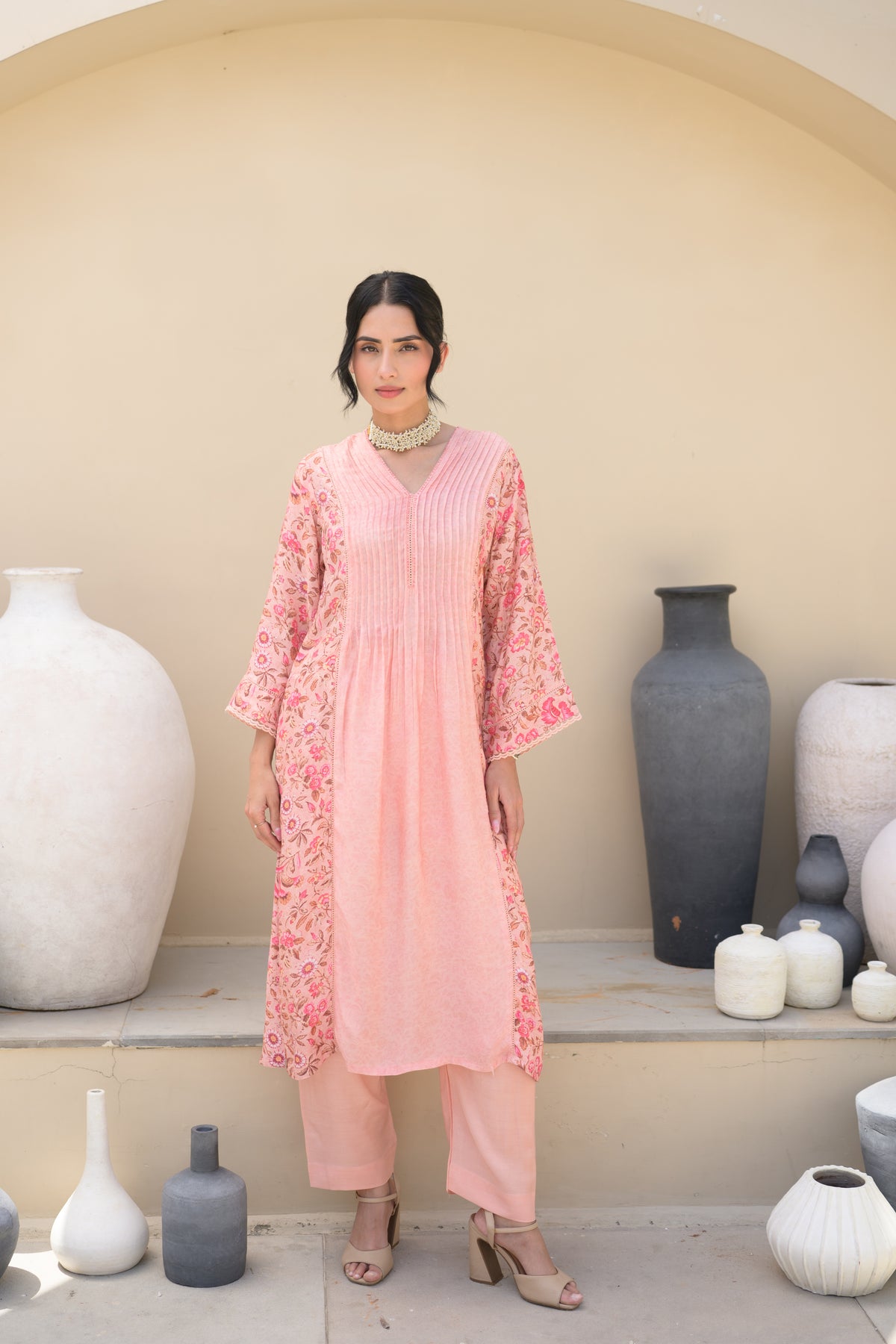 Peach  Pintux Self Print with Floral Jaal Print Beads Work A line Muslin Kurta Set