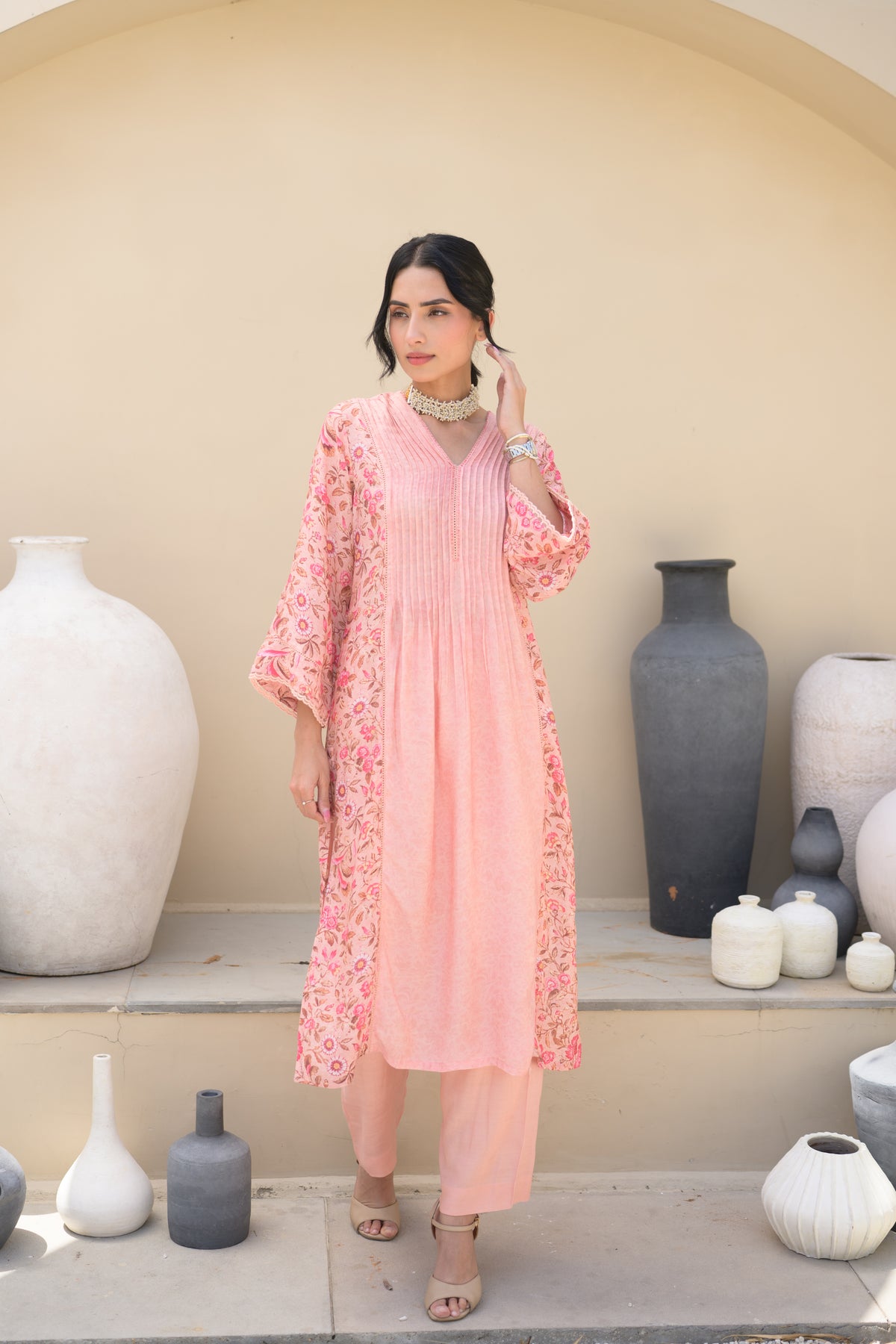 Peach  Pintux Self Print with Floral Jaal Print Beads Work A line Muslin Kurta Set