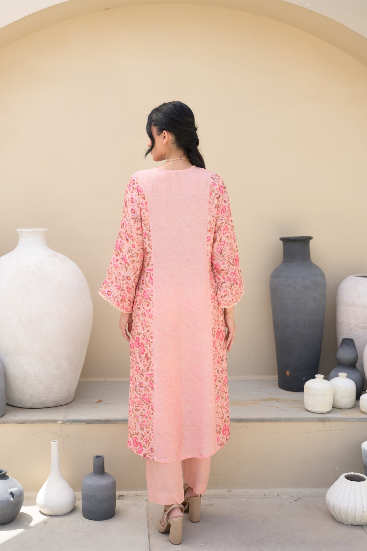 Peach  Pintux Self Print with Floral Jaal Print Beads Work A line Muslin Kurta Set