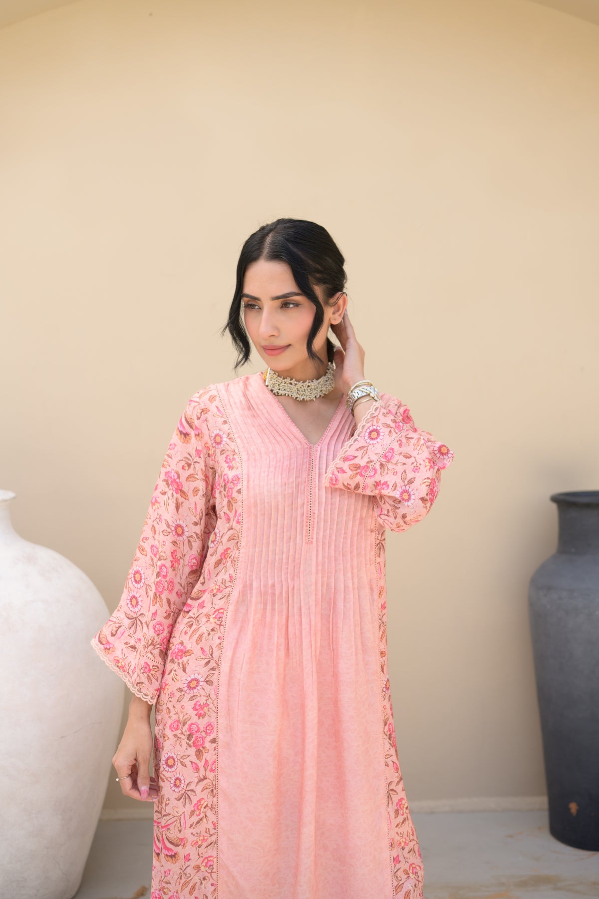 Peach  Pintux Self Print with Floral Jaal Print Beads Work A line Muslin Kurta Set
