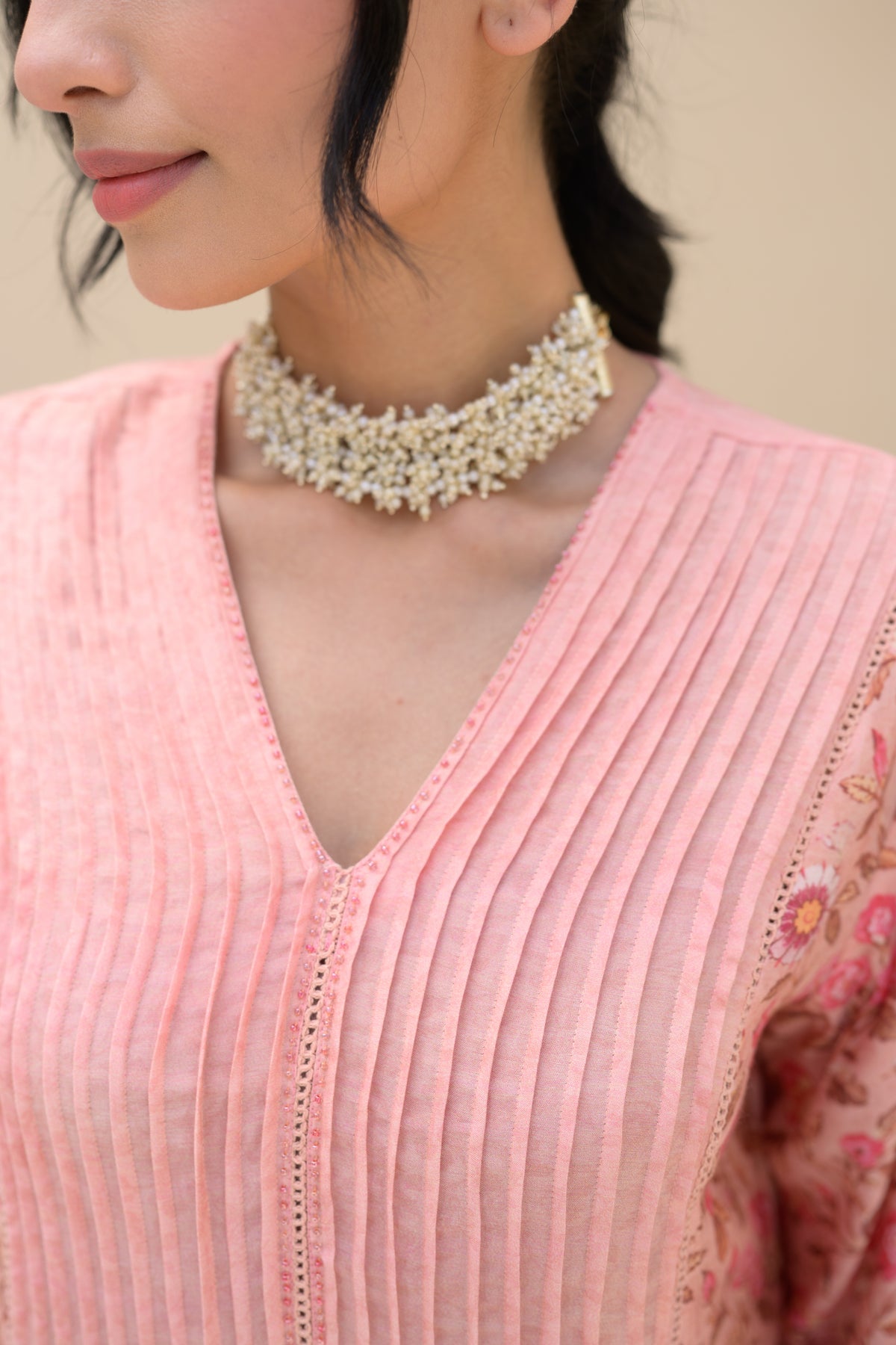 Peach  Pintux Self Print with Floral Jaal Print Beads Work A line Muslin Kurta Set