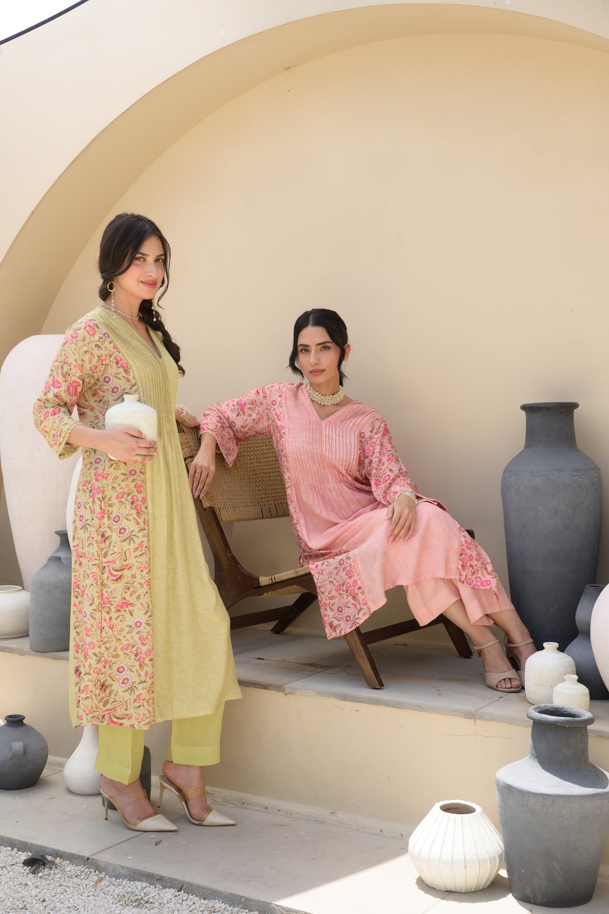 Peach  Pintux Self Print with Floral Jaal Print Beads Work A line Muslin Kurta Set