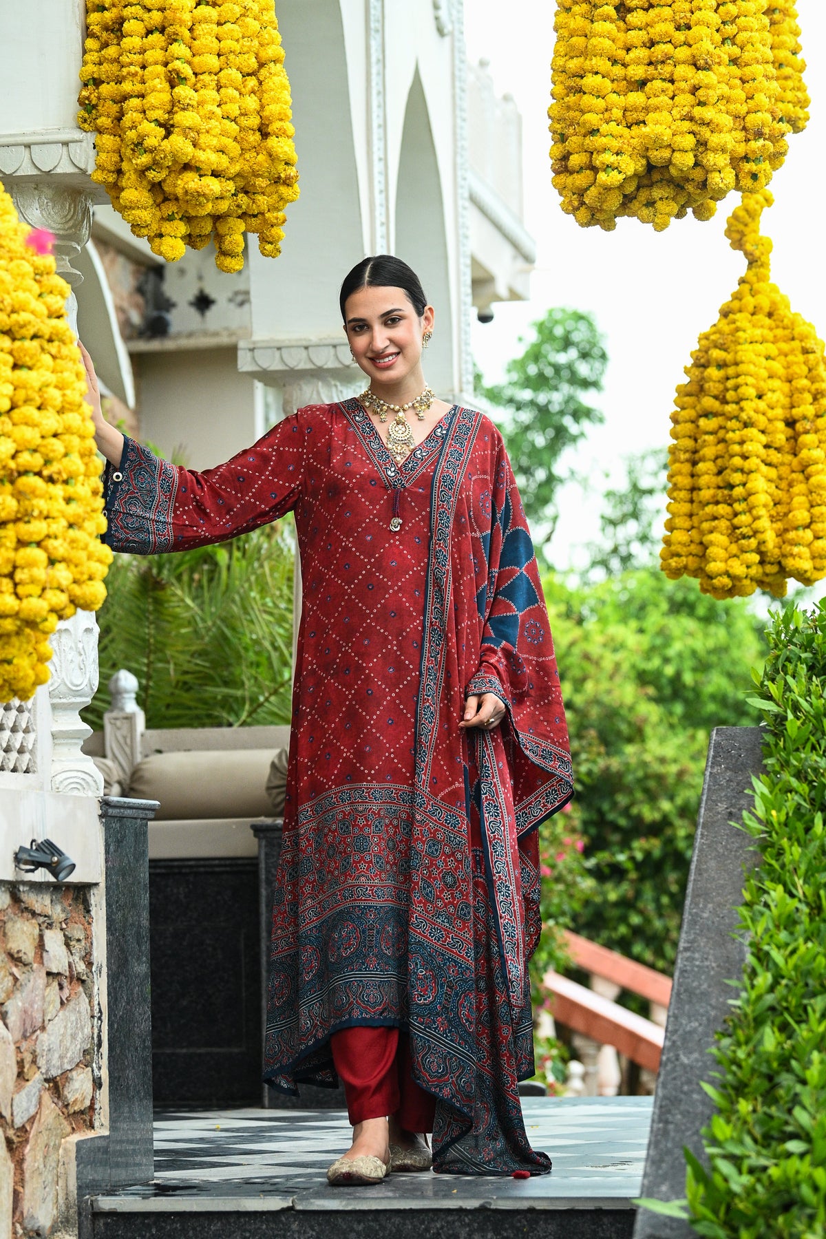 Red and Blue Ajrakh Print Gota and Sequence Work Crepe A line Suits Set With Chinnon Ajrakh Print Dupatta