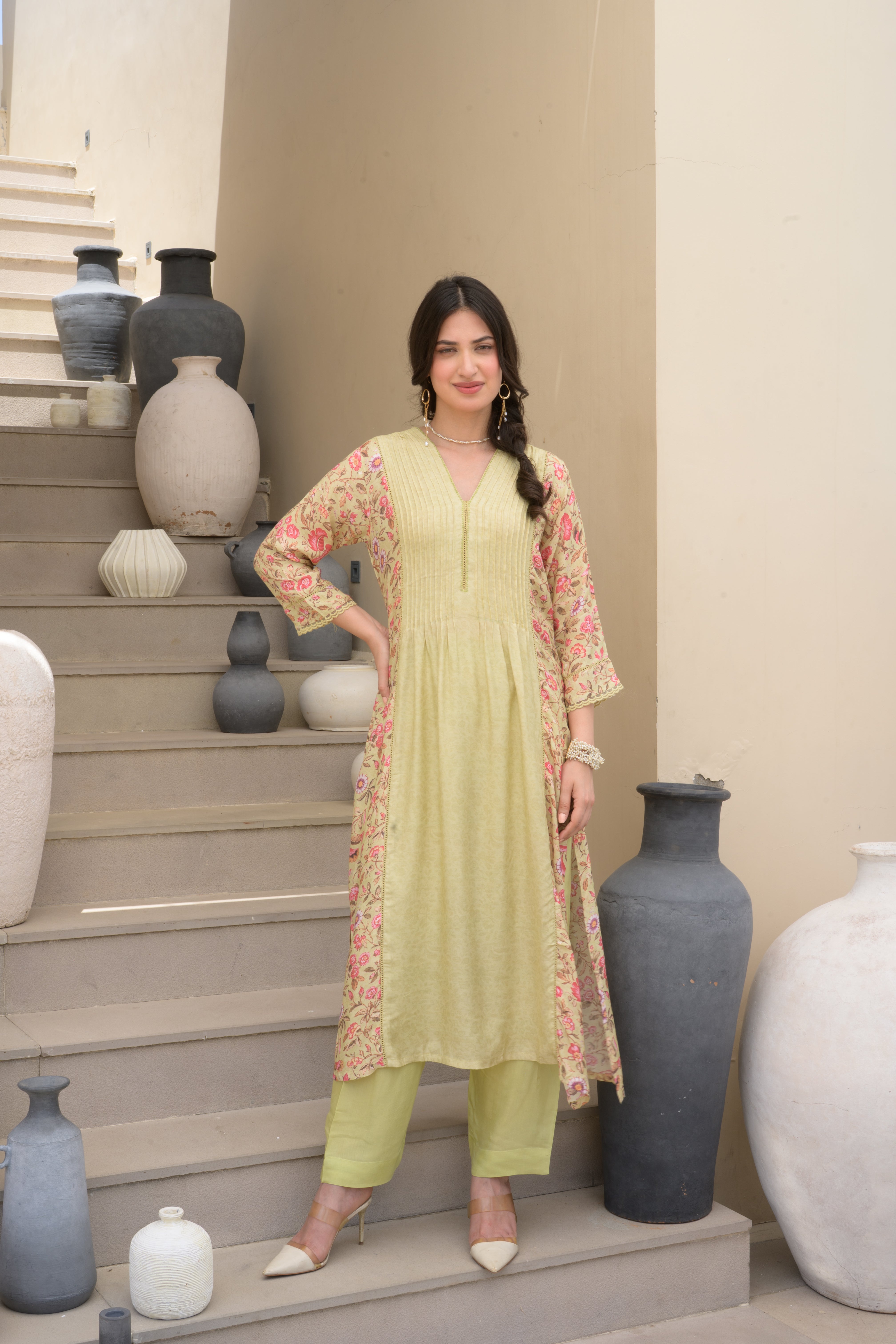 Pista Green Pintux Self Print with Floral Jaal Print Beads Work A line Muslin Kurta Set