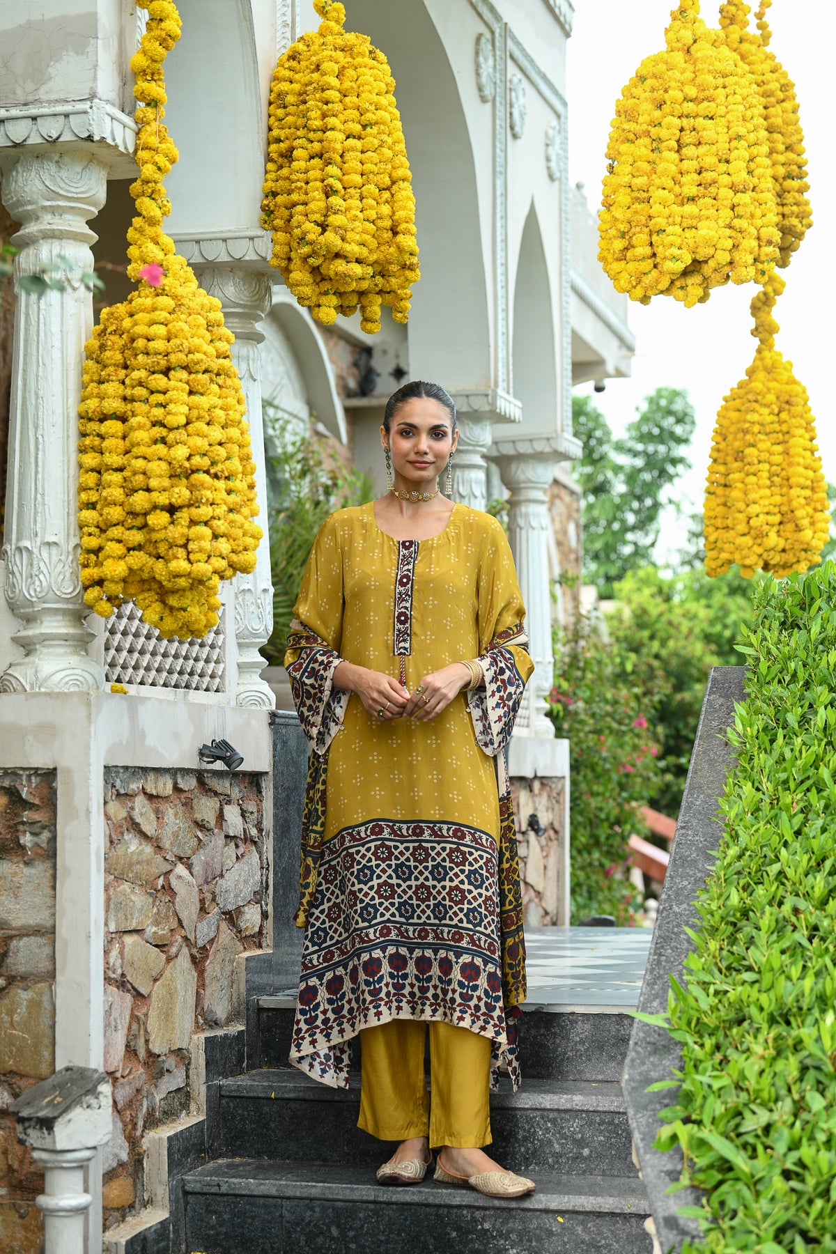 Mustard and blue ajrakh print sequence work A line suit set with chinnon ajrakh print dupatta