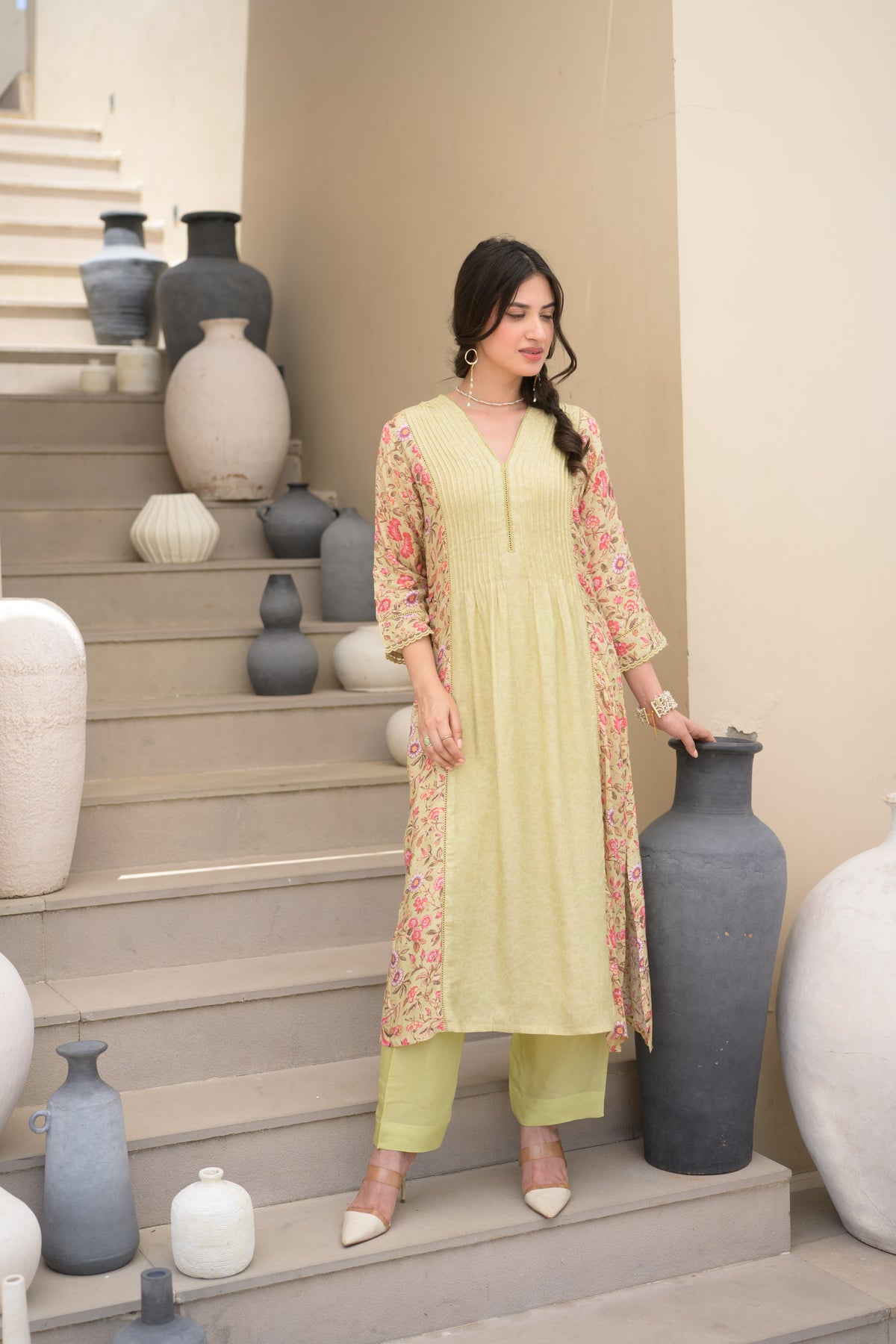 Pista Green Pintux Self Print with Floral Jaal Print Beads Work A line Muslin Kurta Set