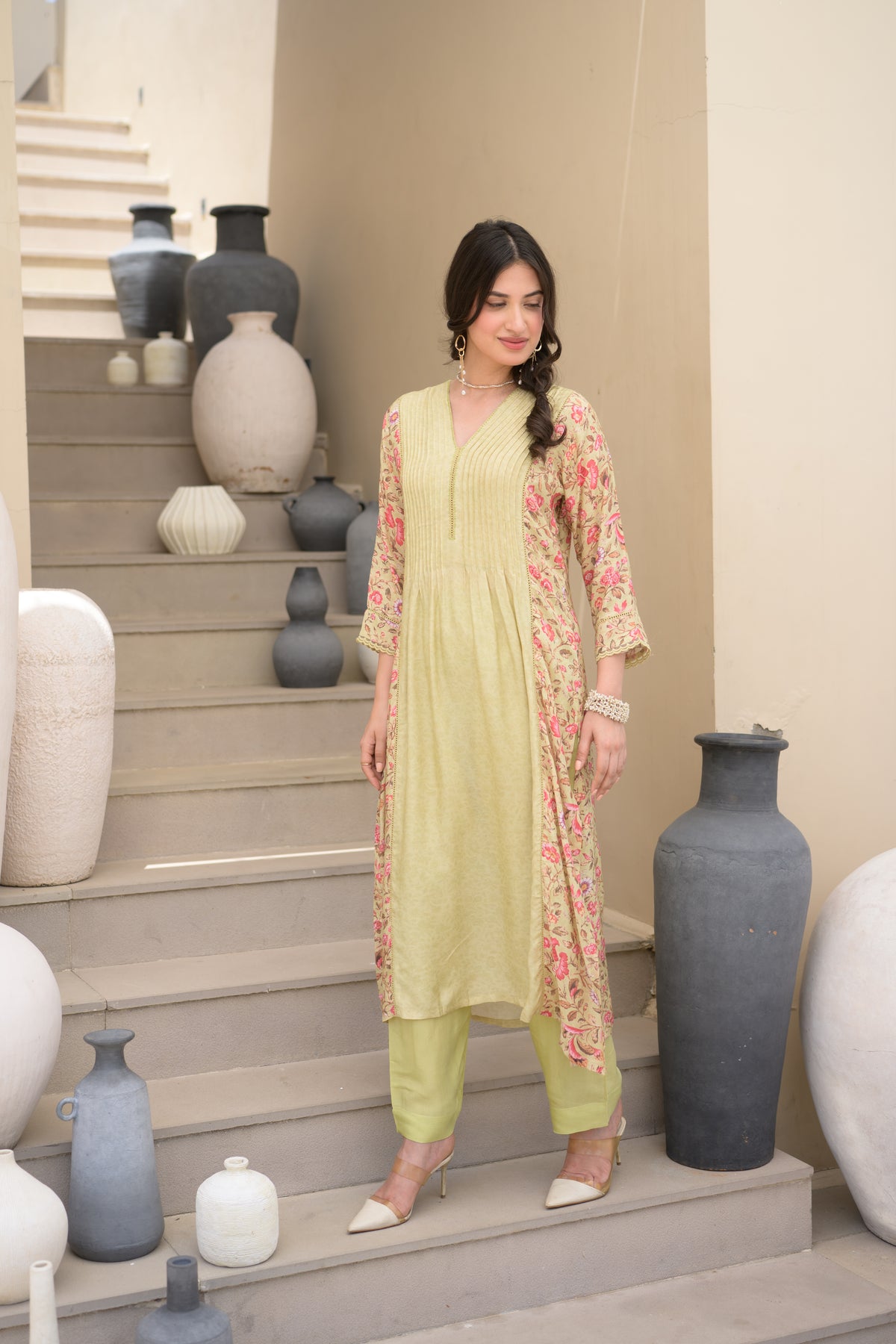 Pista Green Pintux Self Print with Floral Jaal Print Beads Work A line Muslin Kurta Set