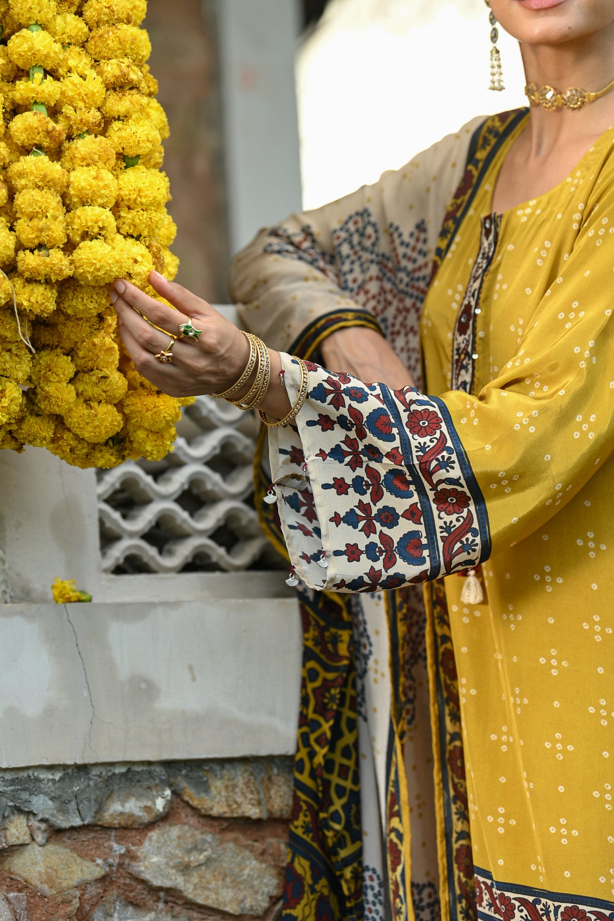 Mustard and blue ajrakh print sequence work A line suit set with chinnon ajrakh print dupatta