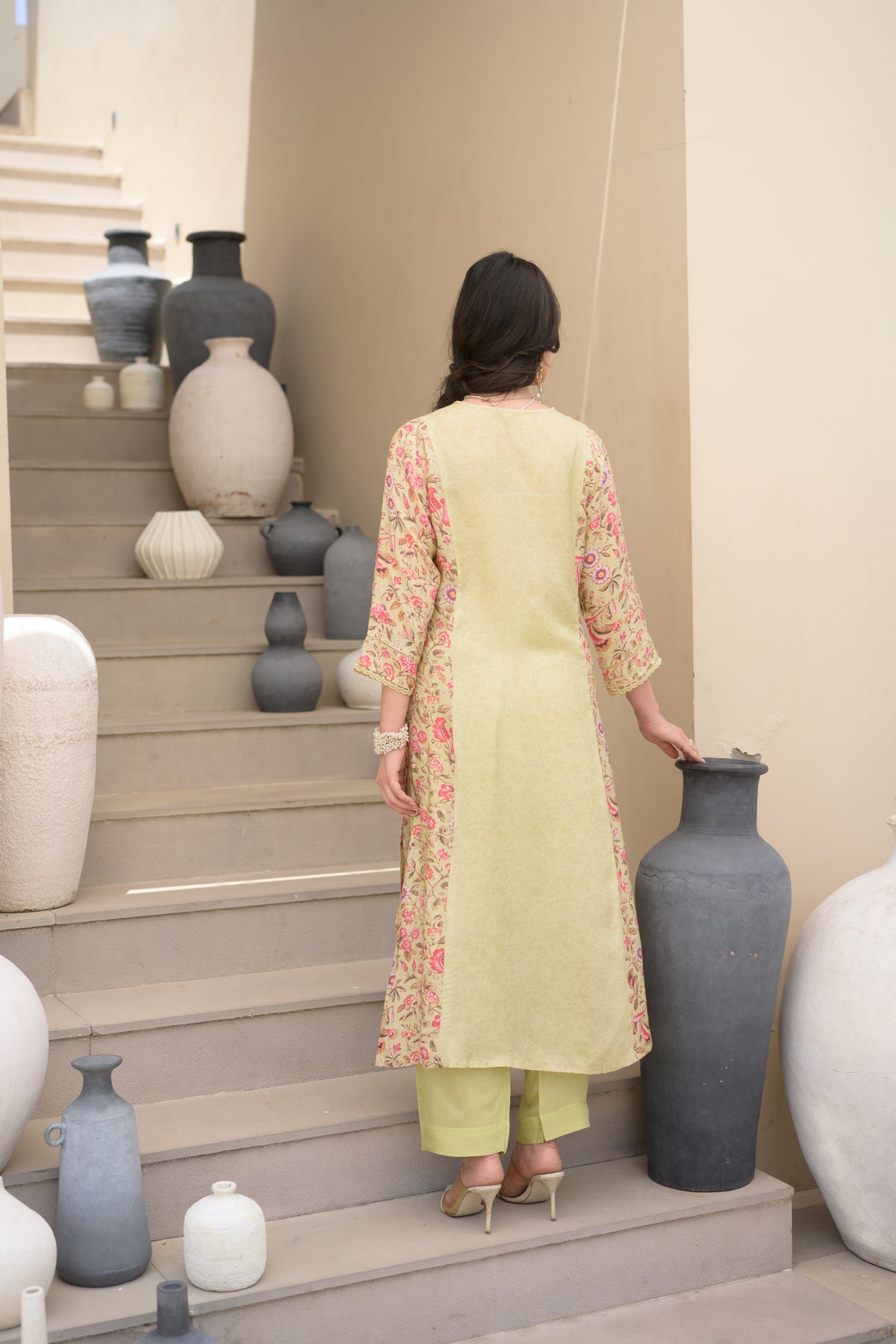 Pista Green Pintux Self Print with Floral Jaal Print Beads Work A line Muslin Kurta Set
