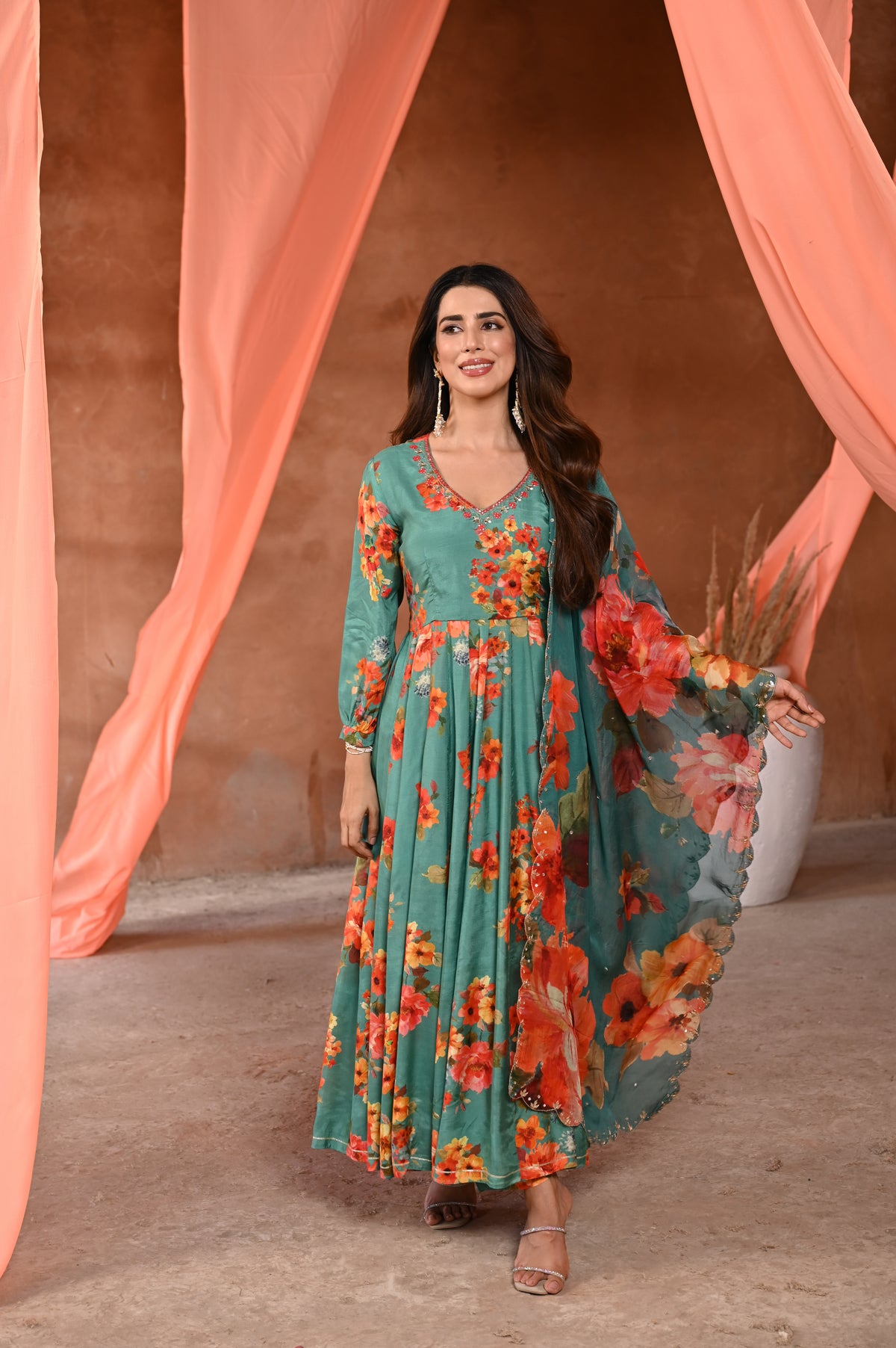 Green  Kashida Muslin Anarkali Suit Set with Organza Floral Dupatta