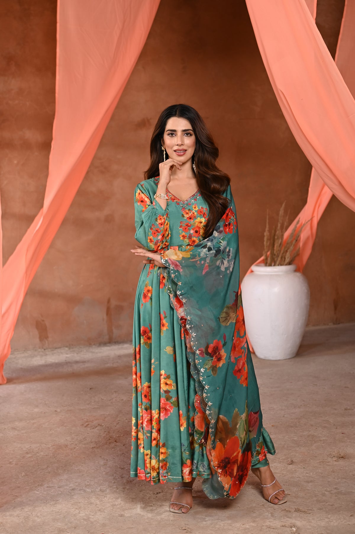 Green  Kashida Muslin Anarkali Suit Set with Organza Floral Dupatta