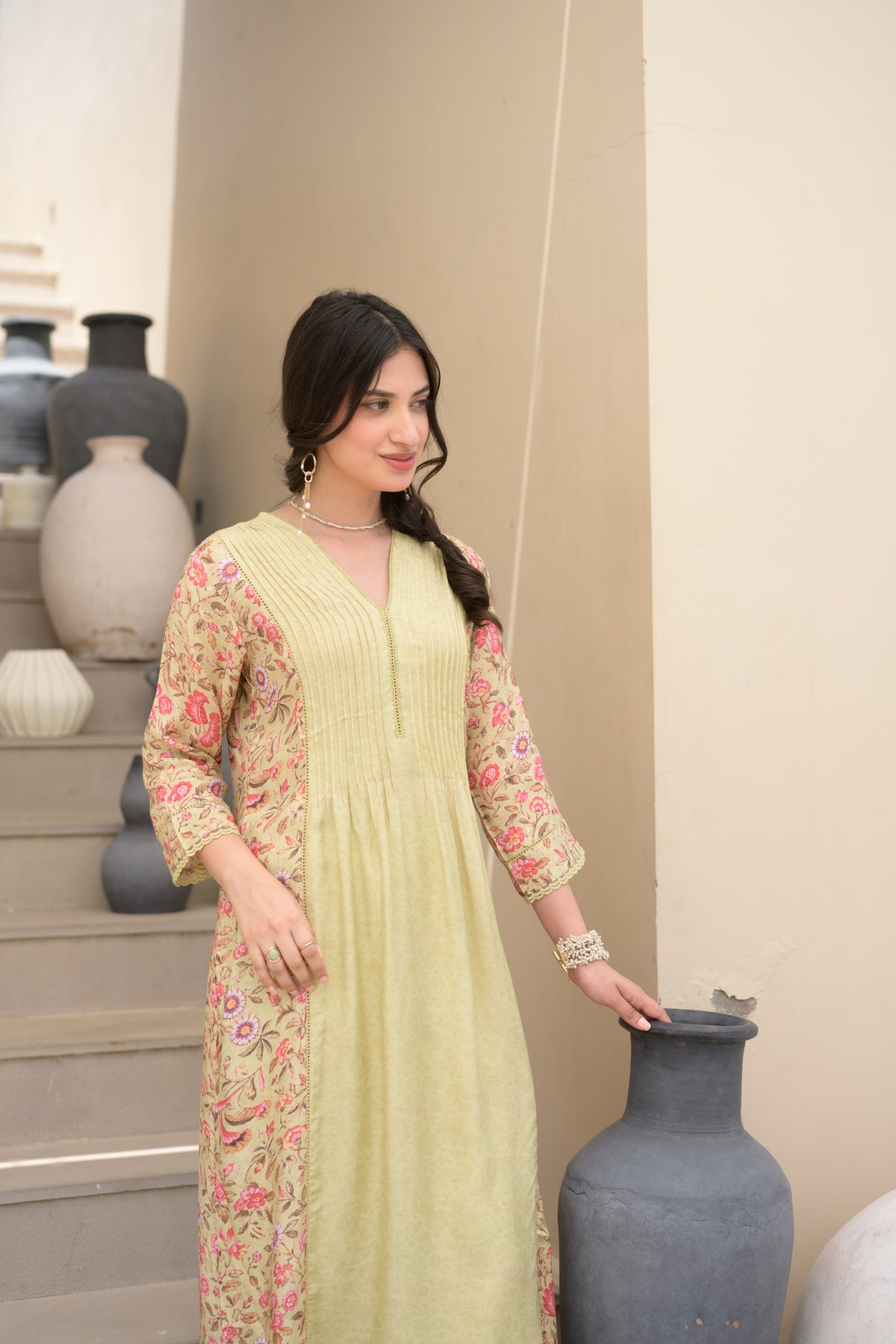 Pista Green Pintux Self Print with Floral Jaal Print Beads Work A line Muslin Kurta Set