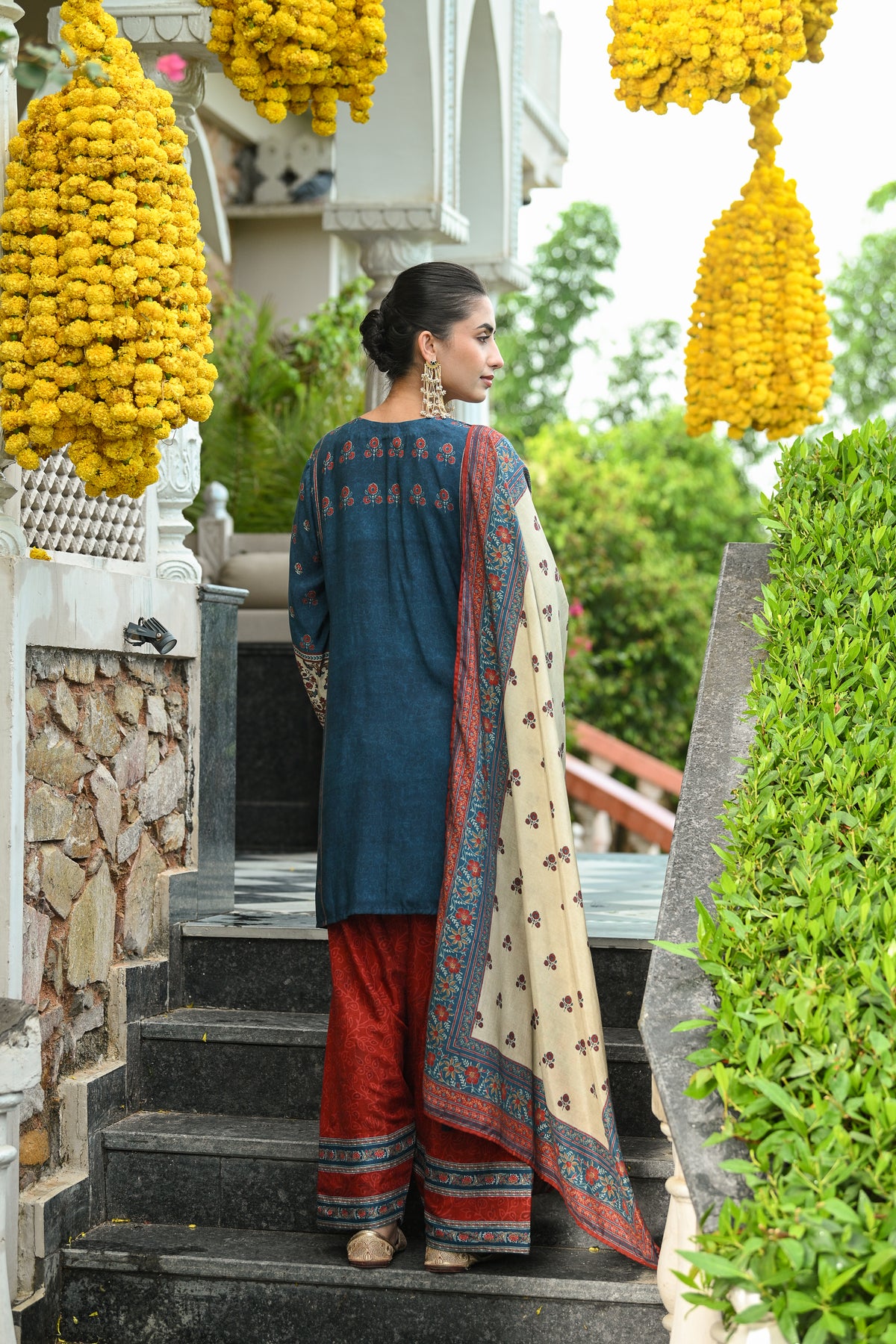 Blue and Red Small Buti Block Print Muslin Farshi Salwar Set