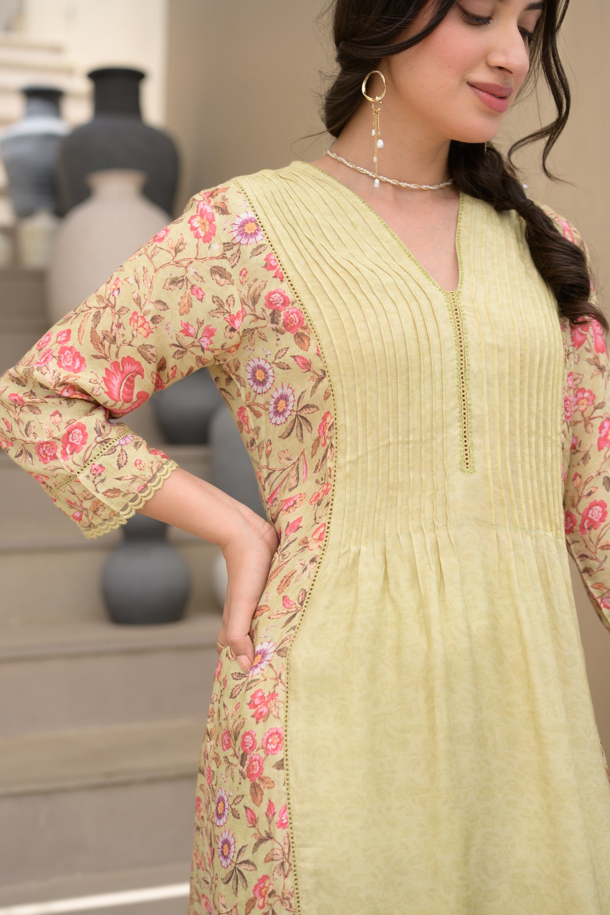 Pista Green Pintux Self Print with Floral Jaal Print Beads Work A line Muslin Kurta Set