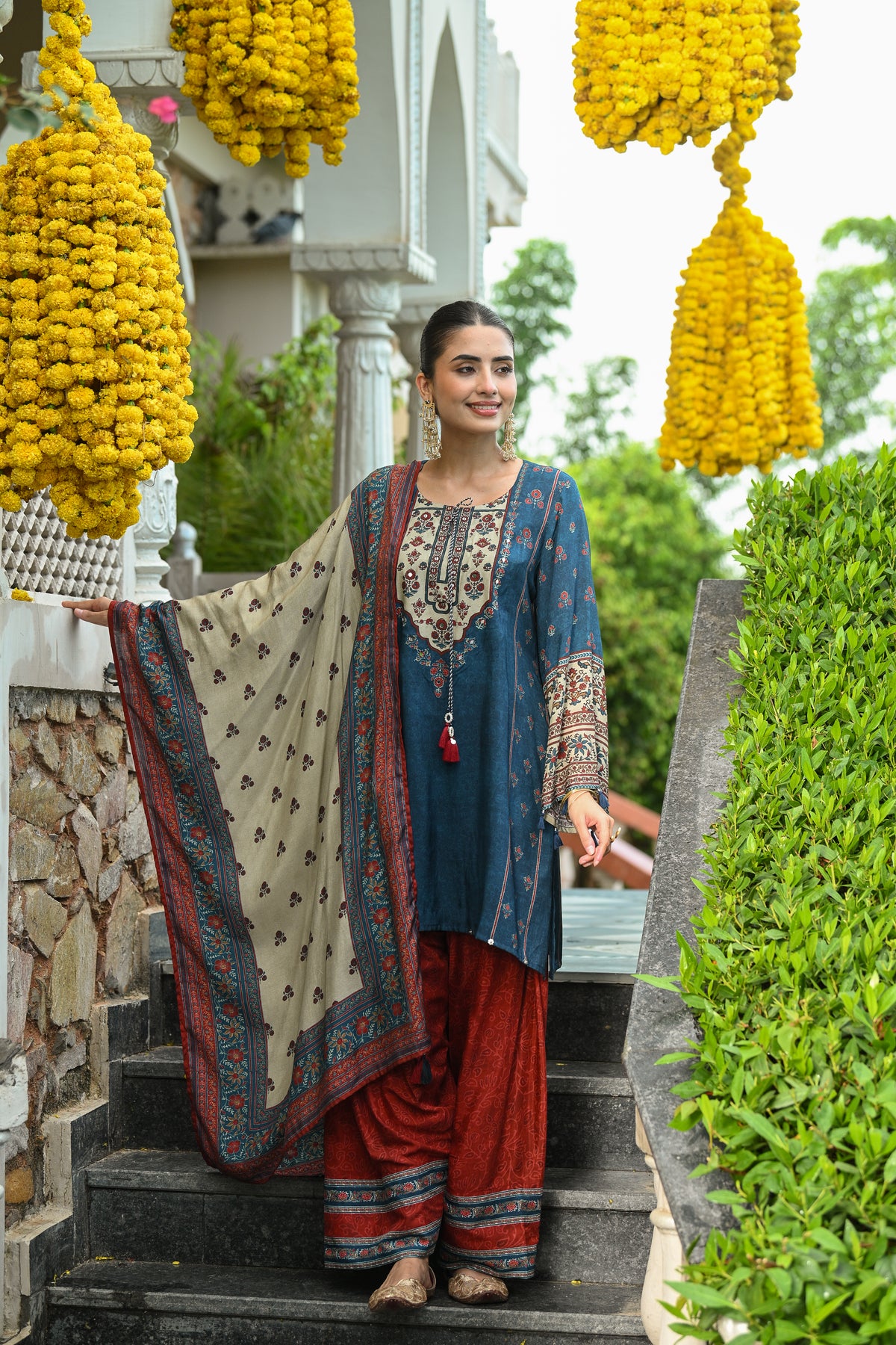Blue and Red Small Buti Block Print Muslin Farshi Salwar Set