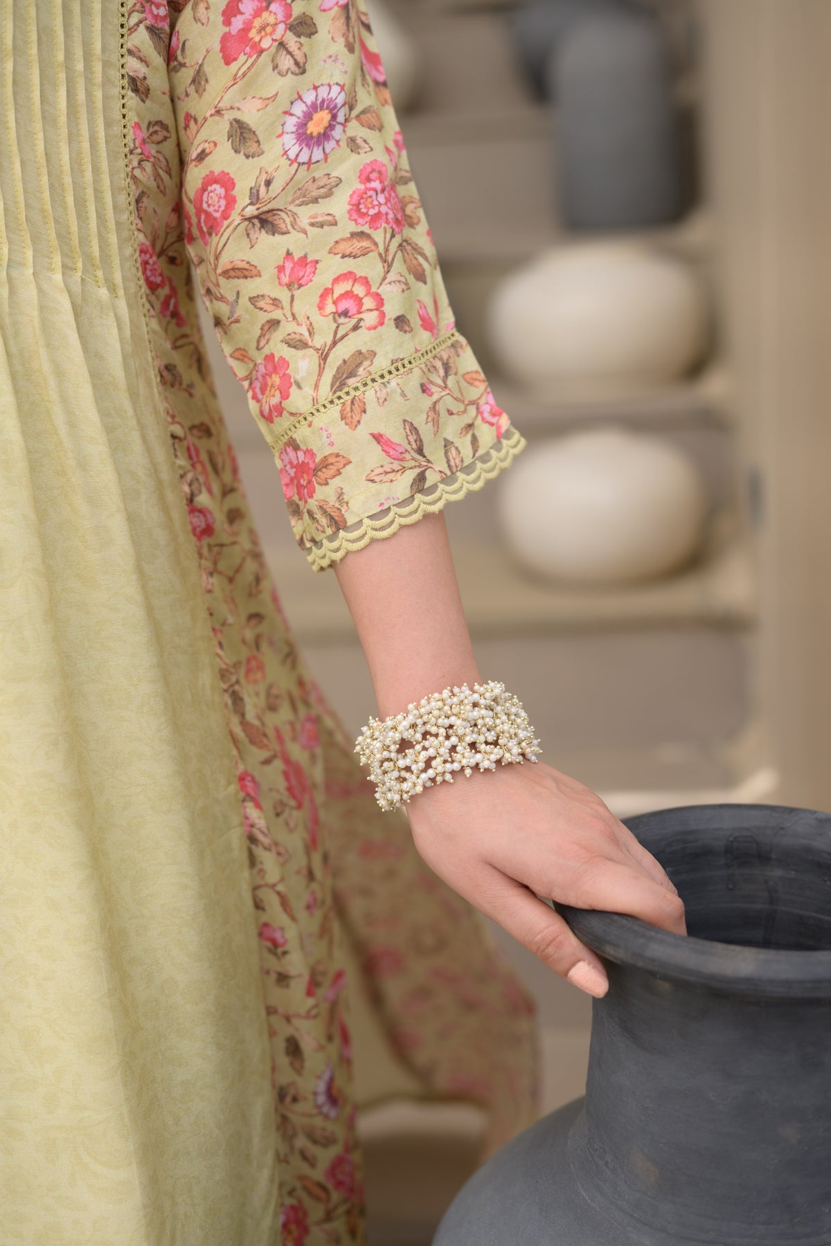 Pista Green Pintux Self Print with Floral Jaal Print Beads Work A line Muslin Kurta Set