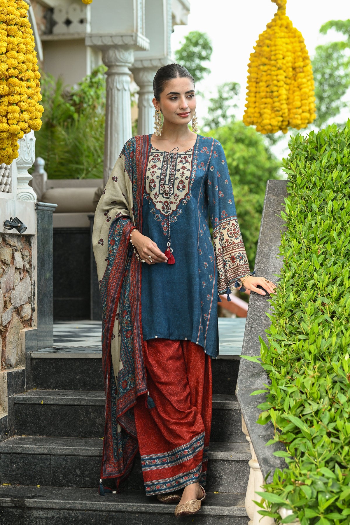 Blue and Red Small Buti Block Print Muslin Farshi Salwar Set