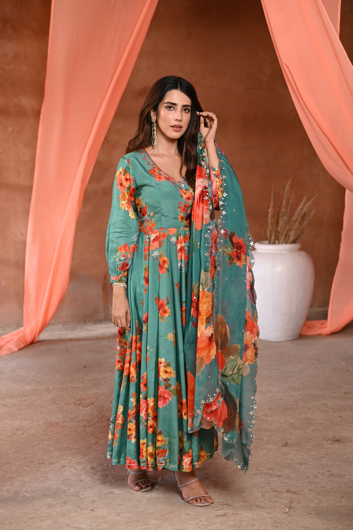 Green  Kashida Muslin Anarkali Suit Set with Organza Floral Dupatta