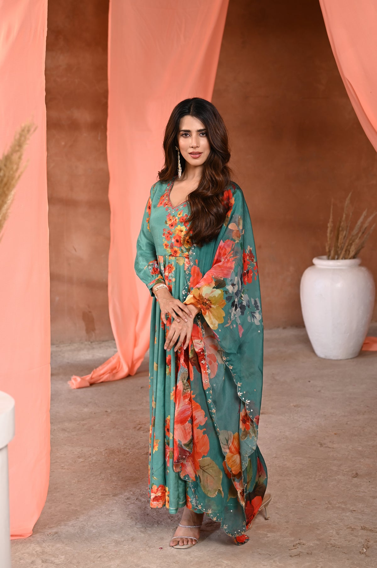 Green  Kashida Muslin Anarkali Suit Set with Organza Floral Dupatta